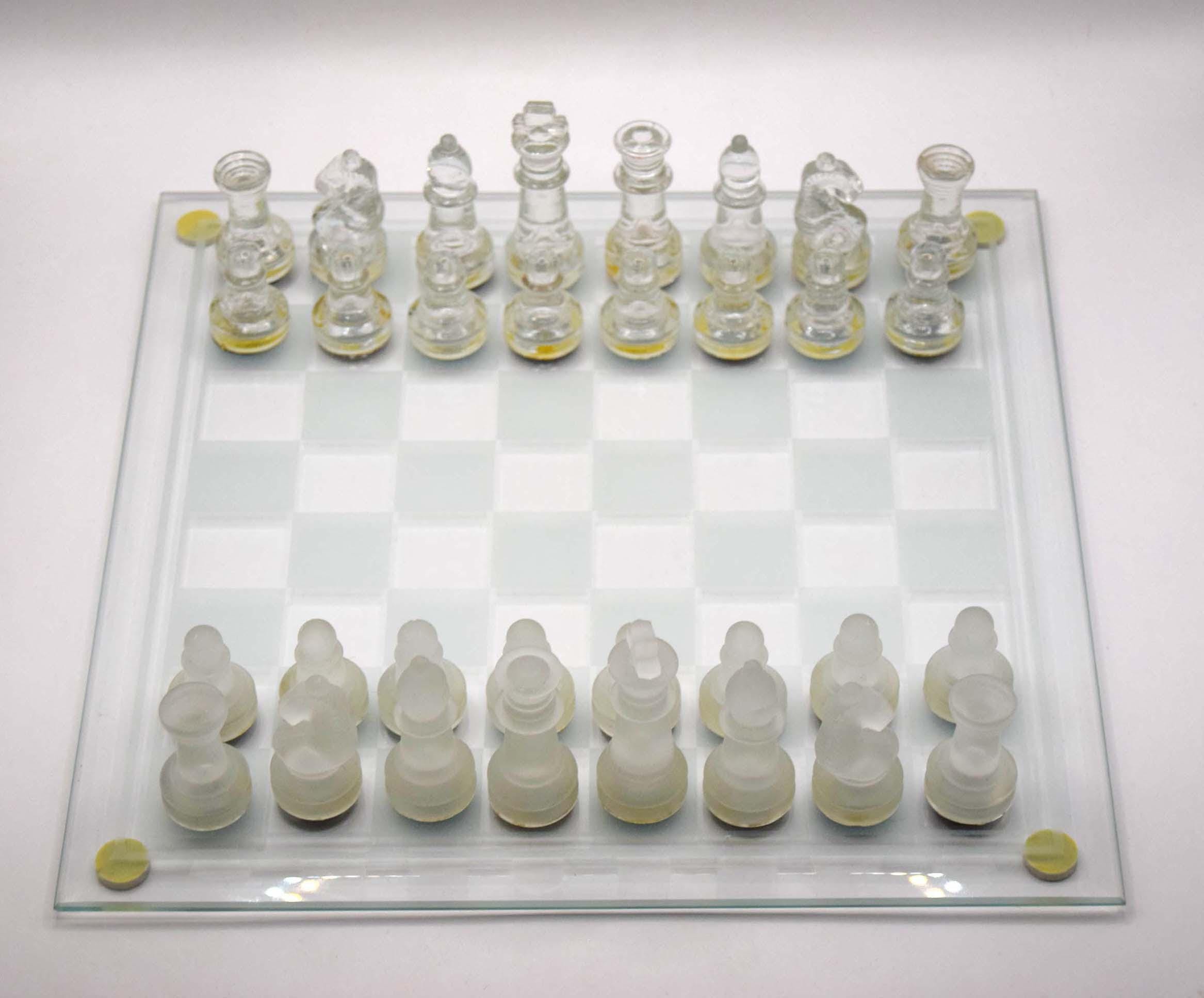 Vintage Glass Chess Set | Frosted and Clear pieces | 25cm x 25cm board