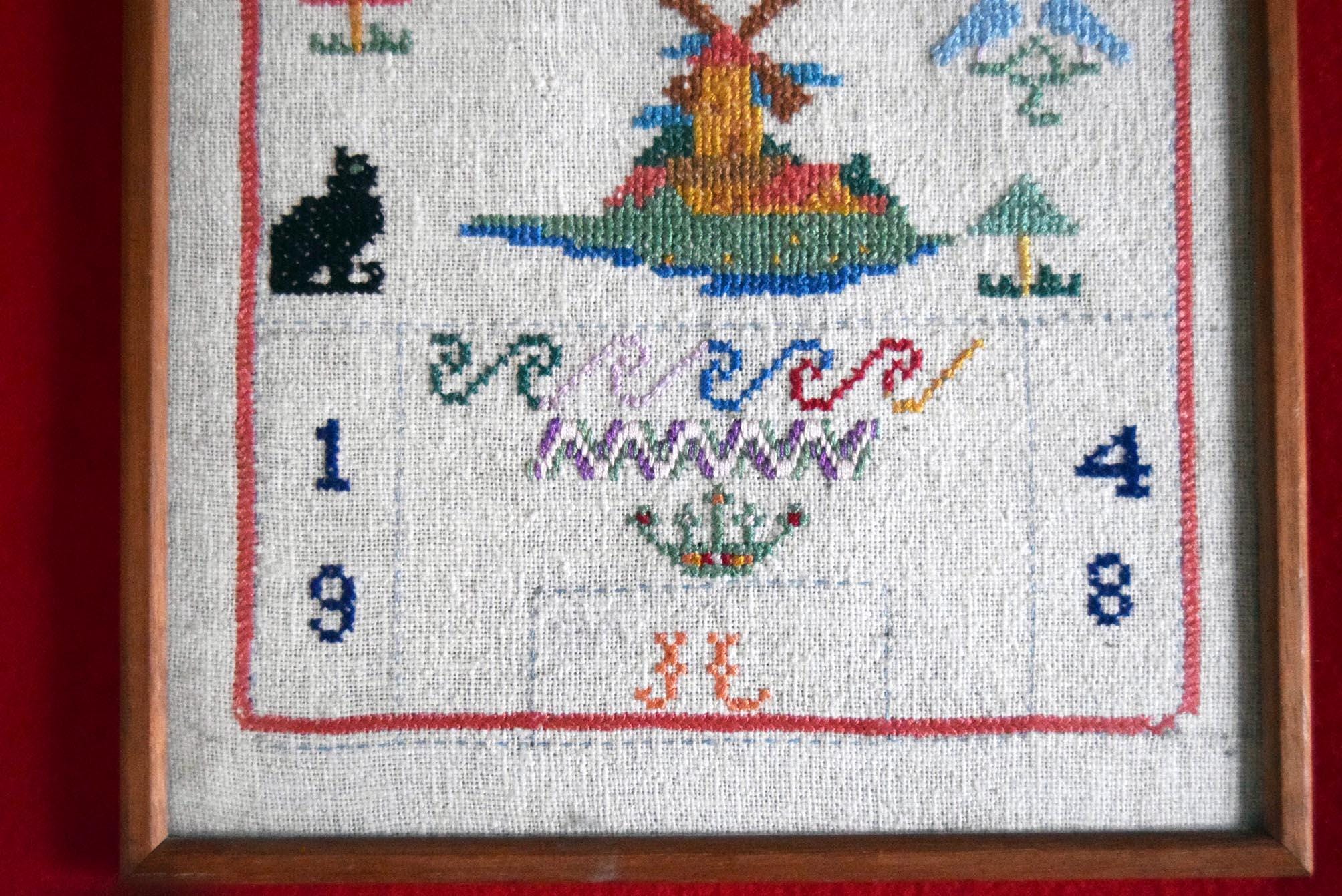 Antique 1948 Cross Stitch Embroidery Framed Sampler