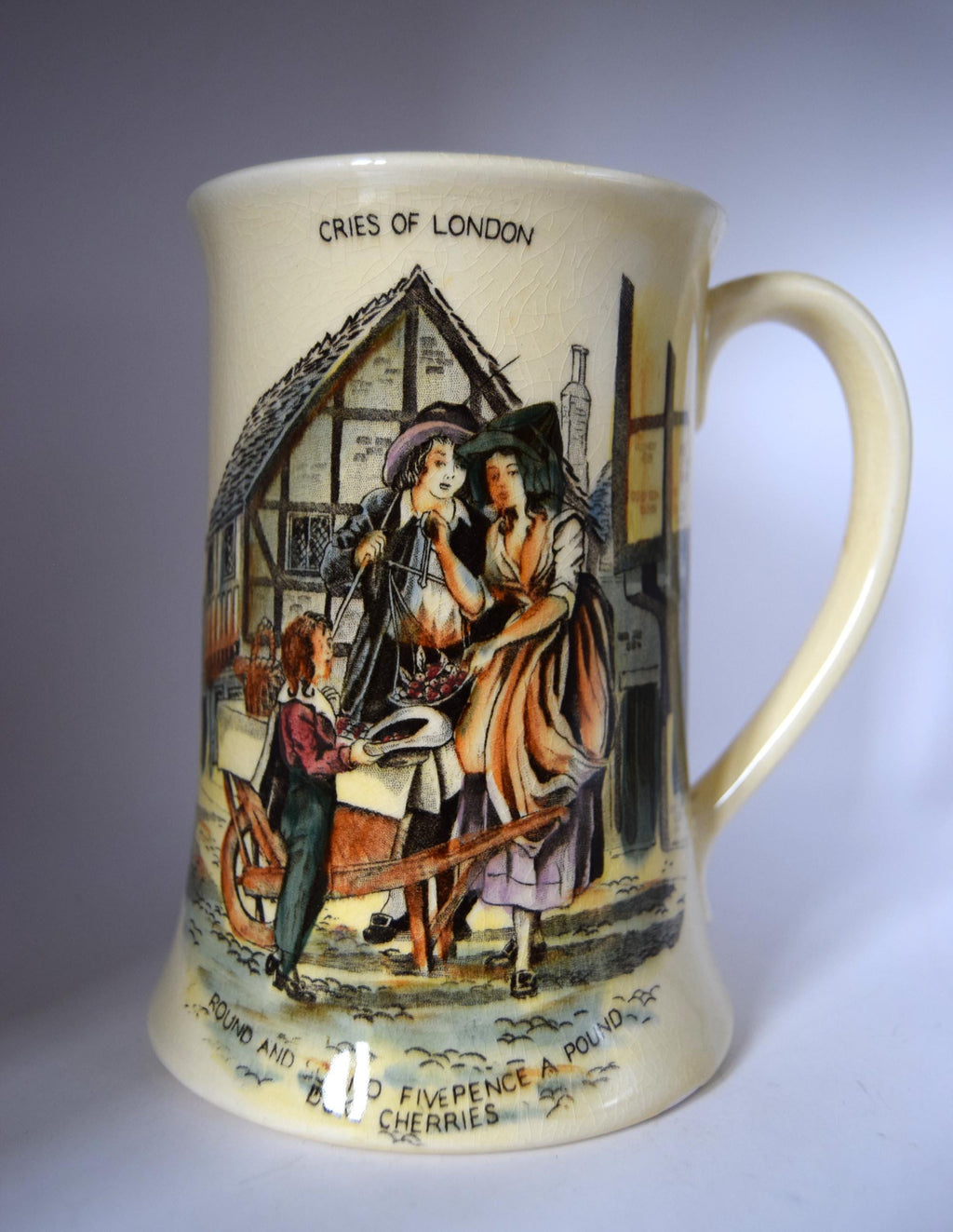 Ceramic mug with a decorative design of 'Cries of London' on a plain background