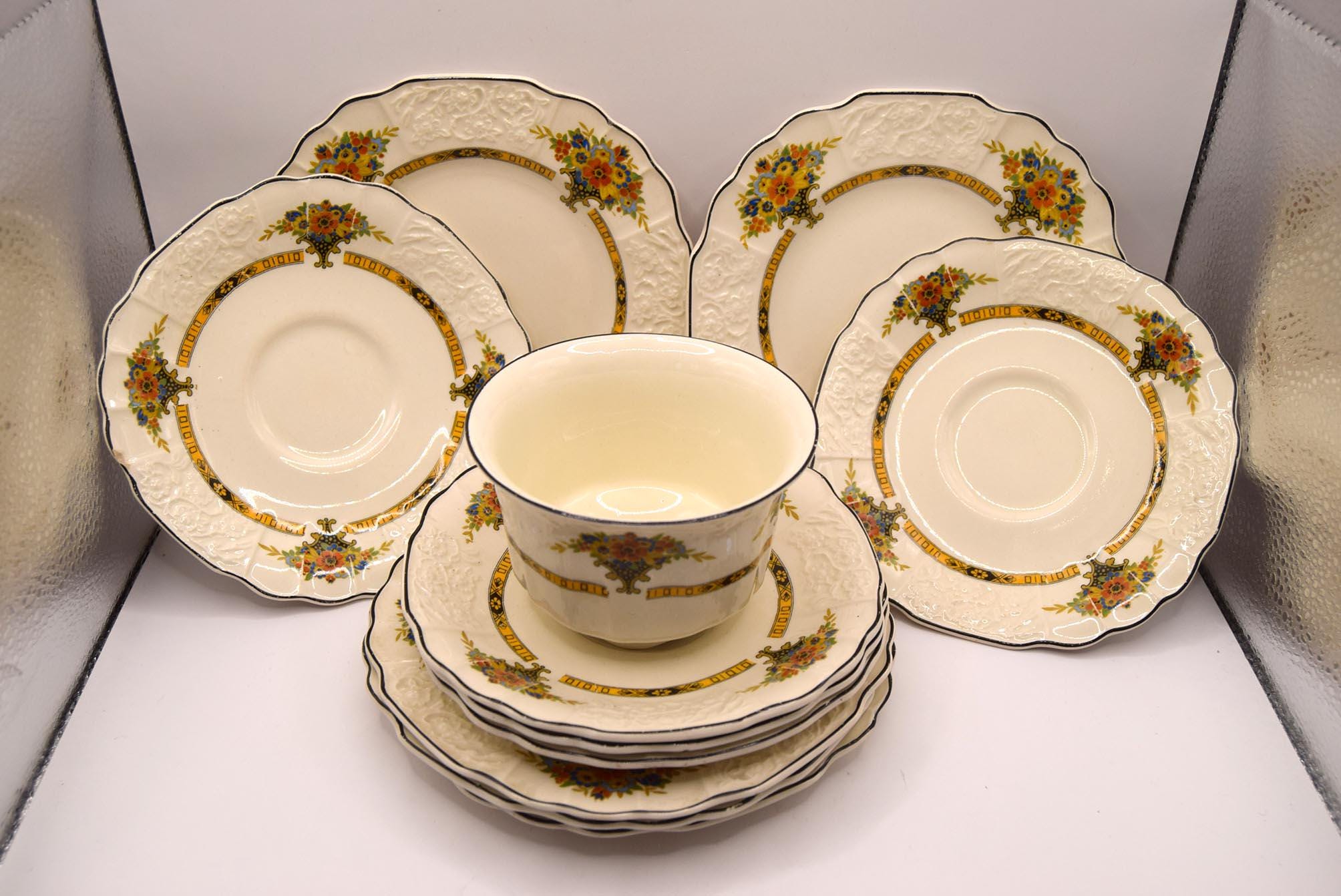 Rare MYOTT, SON & Co Art Nouveau Floral Bouquet Plates, Saucers and Bowl   F3024