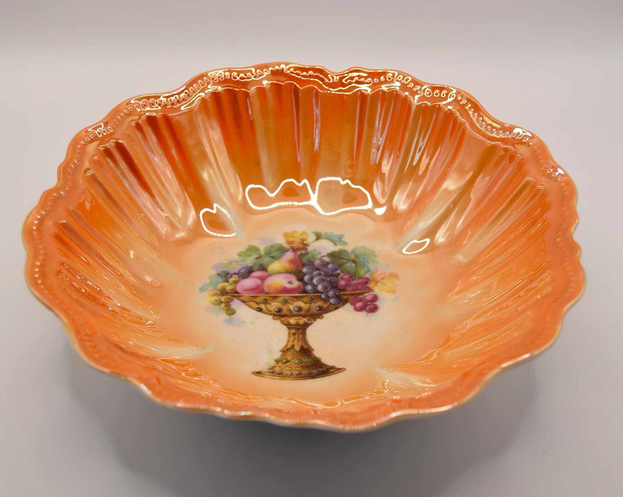 Antique Victoria Czechoslovakia Lustre Ware Bowl~ Orange~ Fruit Design c1920