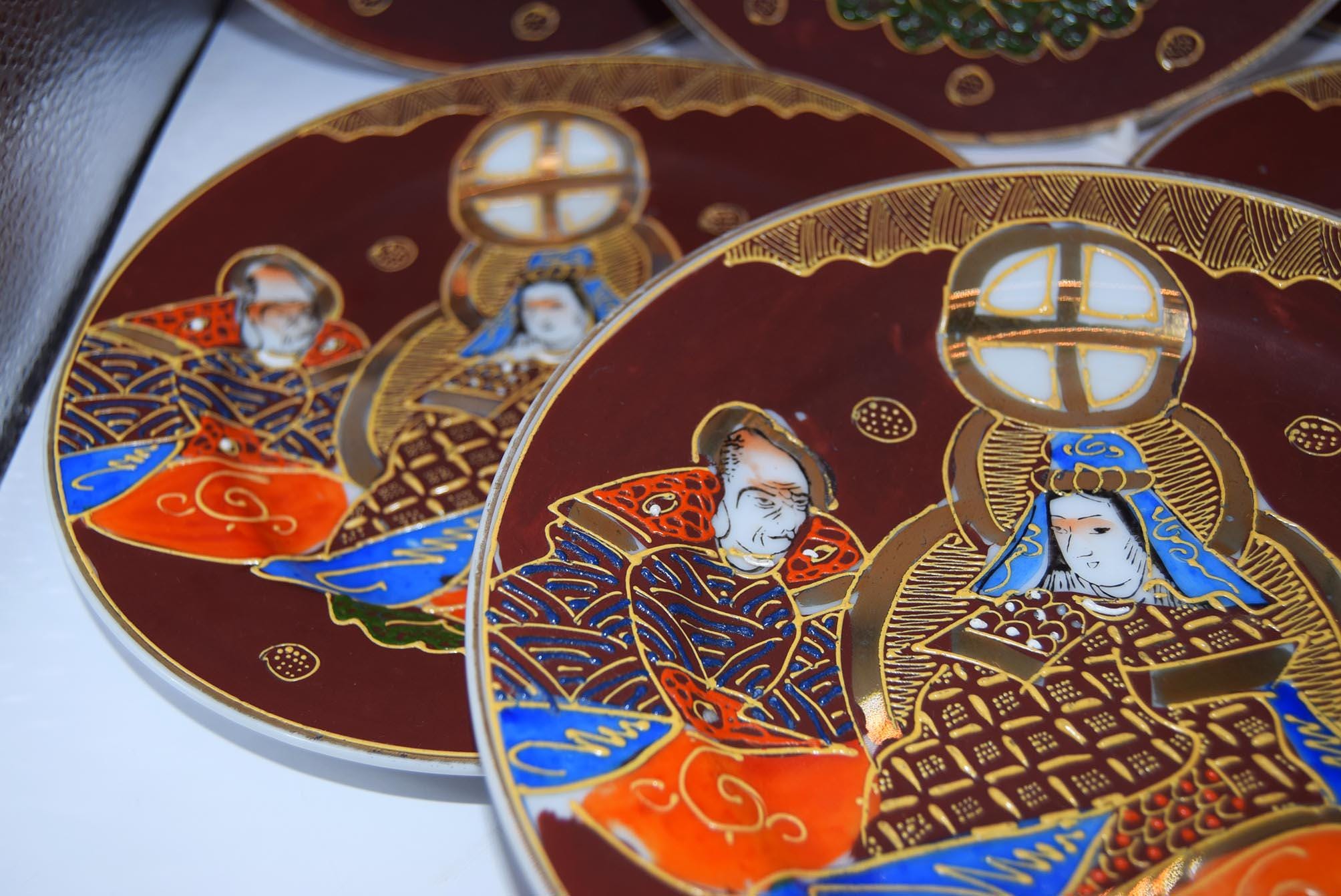 6 x Antique Japanese Satsuma Moriage Plates 19cms - Taisho period 1940s