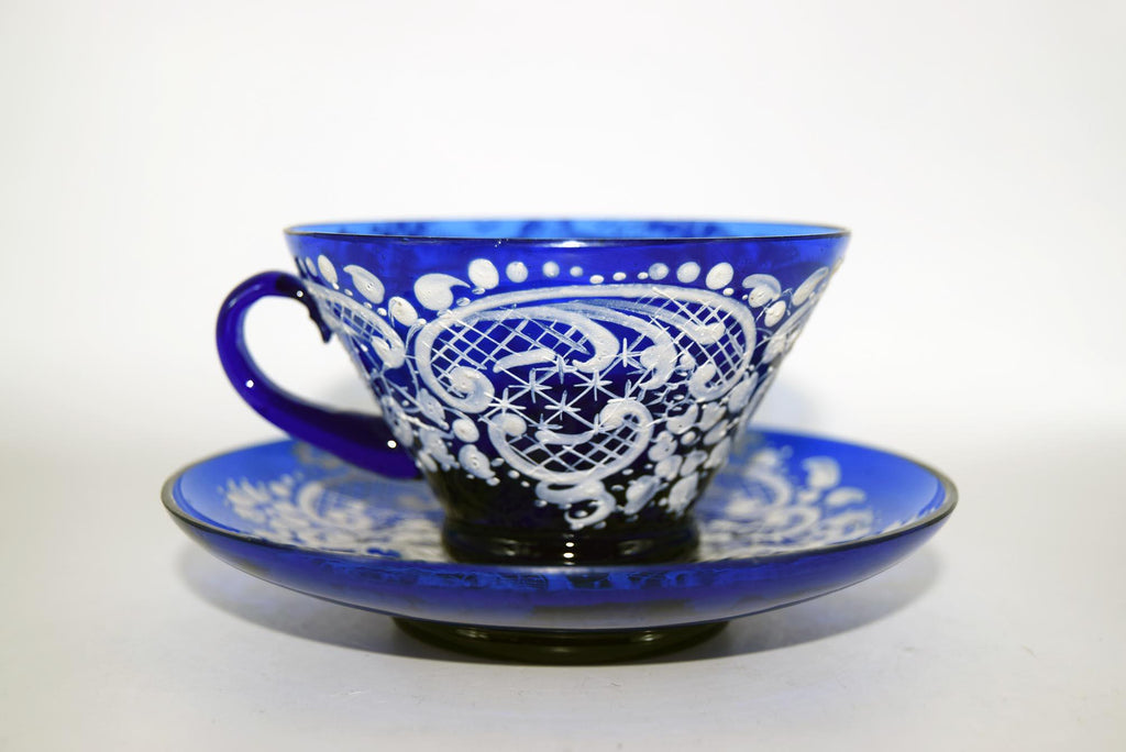 Vintage Murano Glass Cup and Saucer: Cobalt Blue & Ivory Lace, c1960s