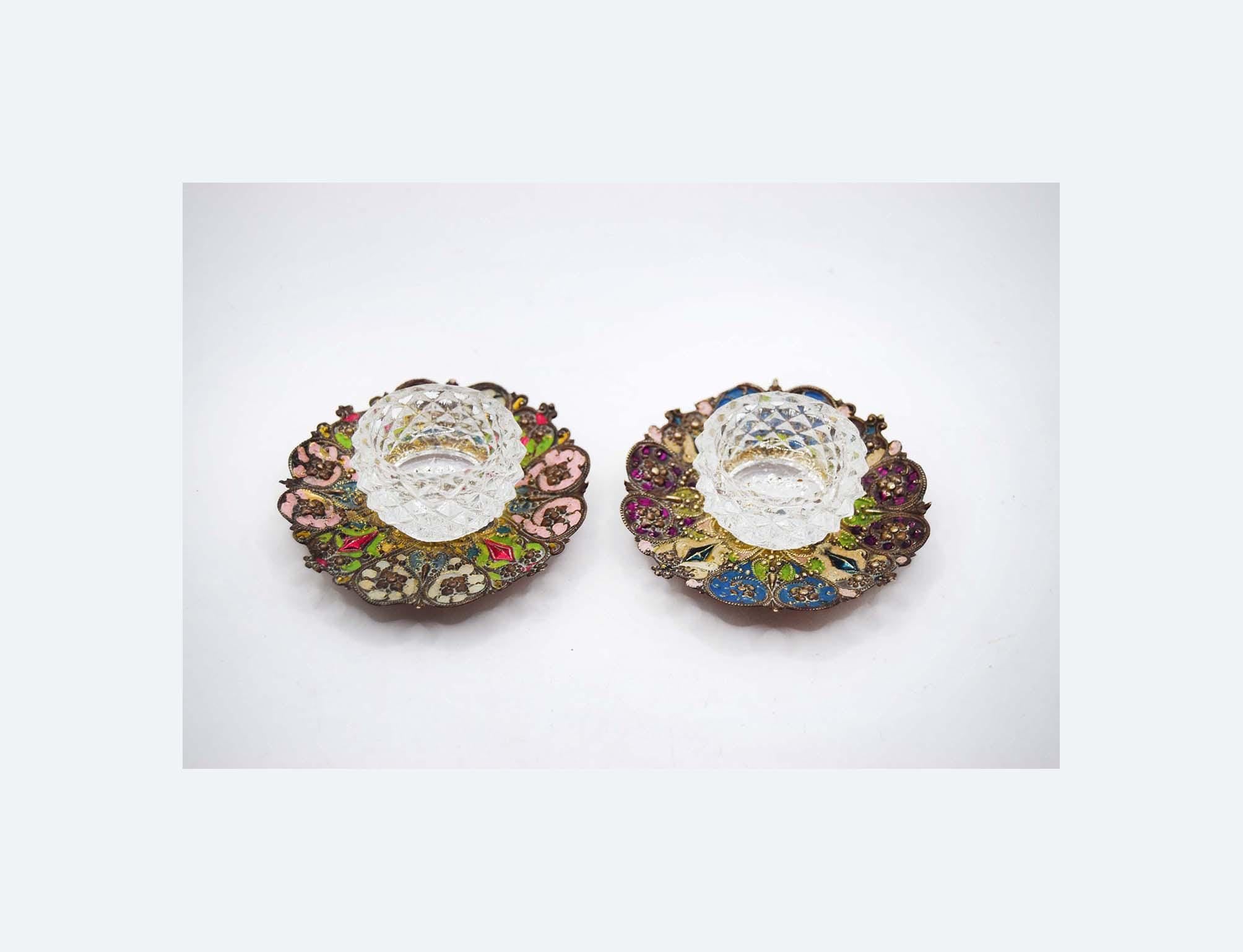 Antique French Salt Cellars – Stamped Metal, Hand-Painted Enamel, Diamond Glass Liners c1880s