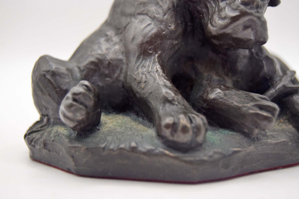 vintage cold cast bronze resin figurine of two boxer puppies, made by the British company Heredities.