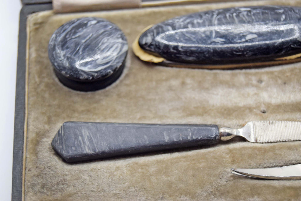 Vintage Art Deco Manicure Set, Complete 1930s Swirl Celluloid in Original Box
