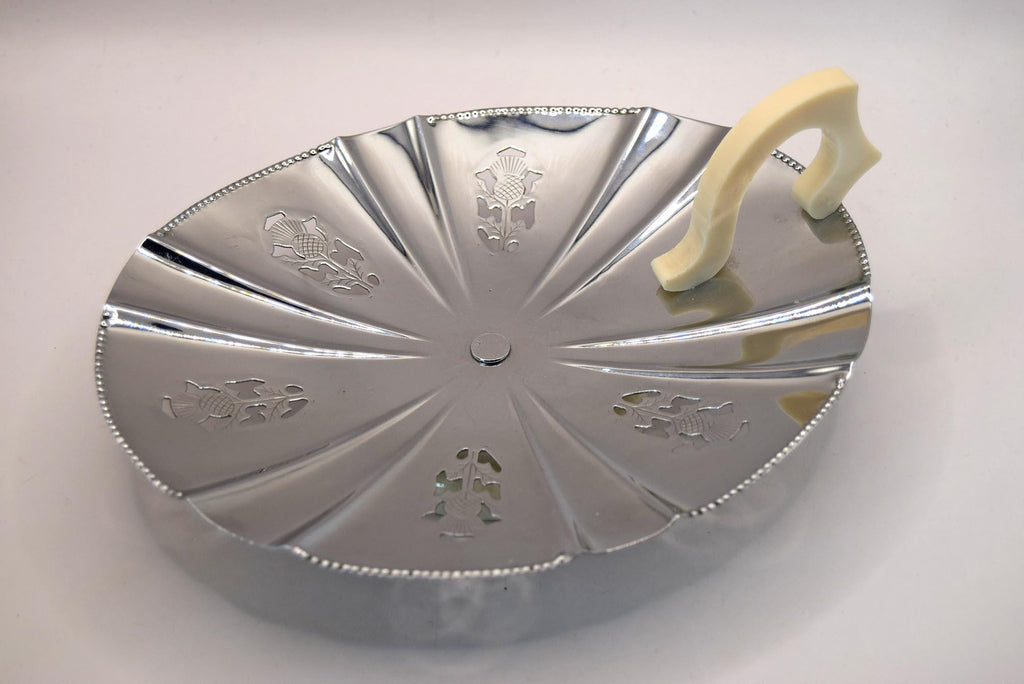 1930s Farnco England Footed Chromed Metal Serving Tray | Scottish Thistle motif