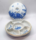 Ceramic dish with blue and white patterns on a white background