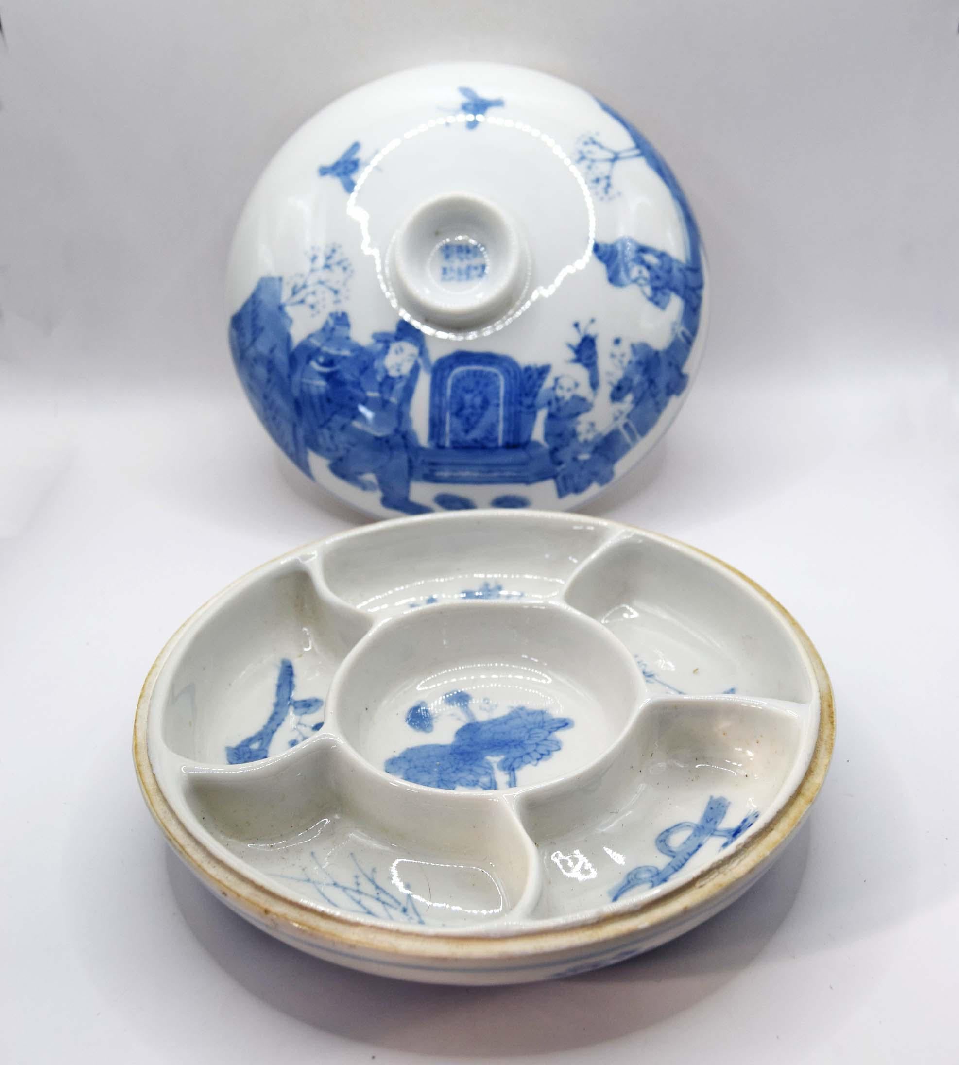 Ceramic dish with blue and white patterns on a white background