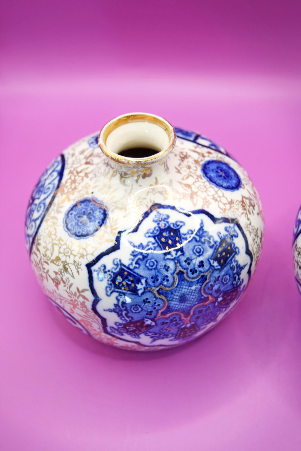 2 x Antique Fenton Osaka Blue & White Guilded Globe Vases c1910s