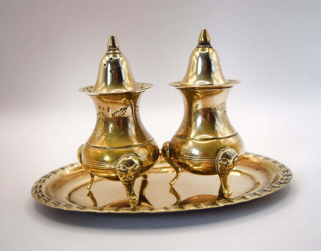 Vintage Brass Condiment Cruet Set with Tray in Original Presentation Box c1950s