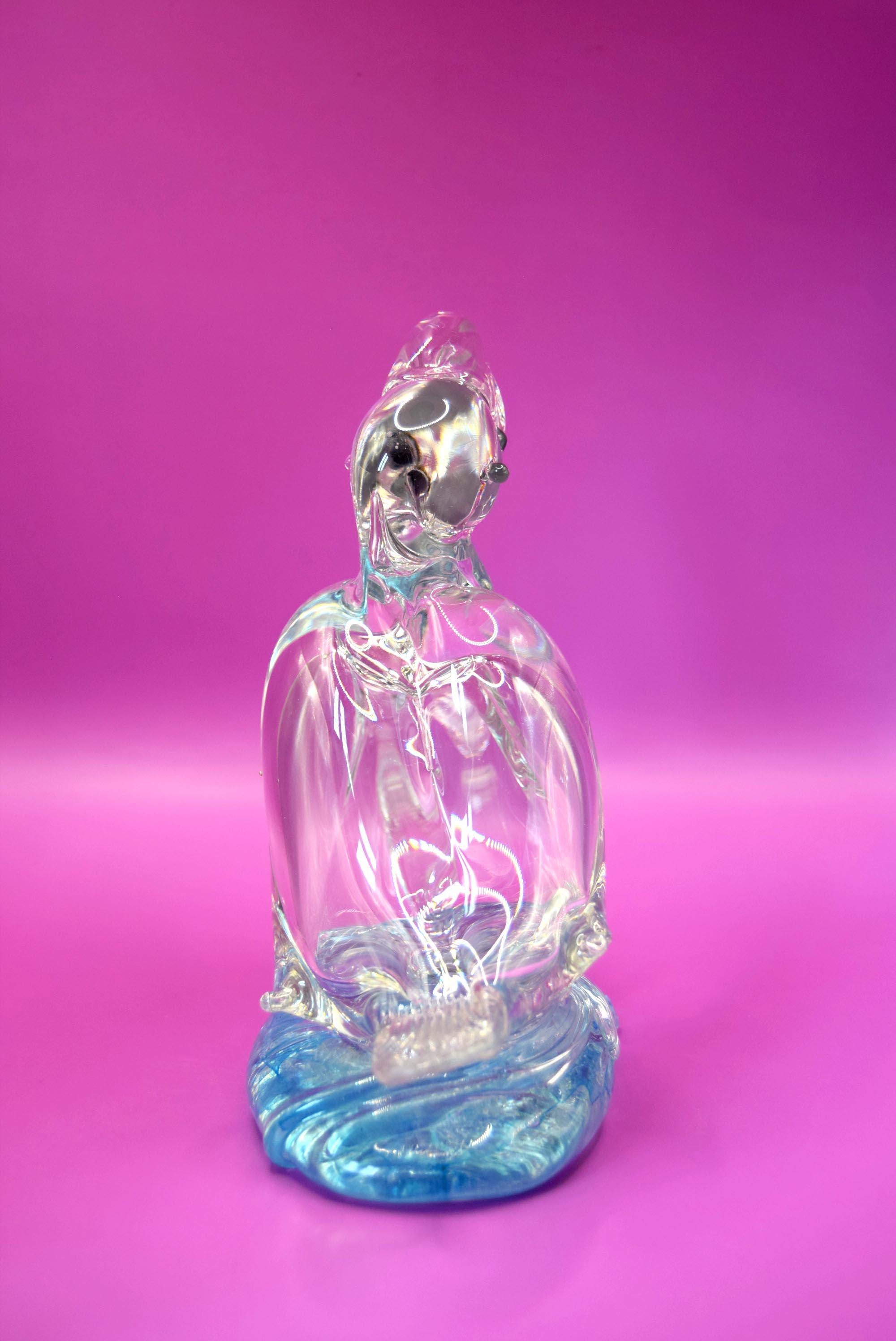 Vintage Italian Clear Glass Toucan and flower on blue rock  c1980s