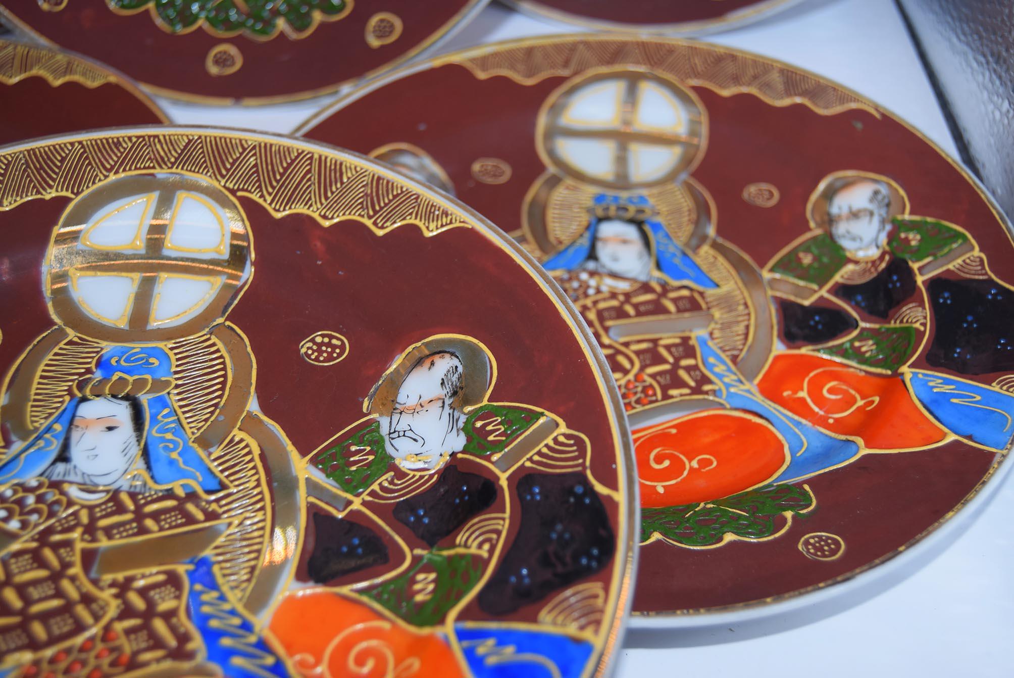 6 x Antique Japanese Satsuma Moriage Plates 19cms - Taisho period 1940s