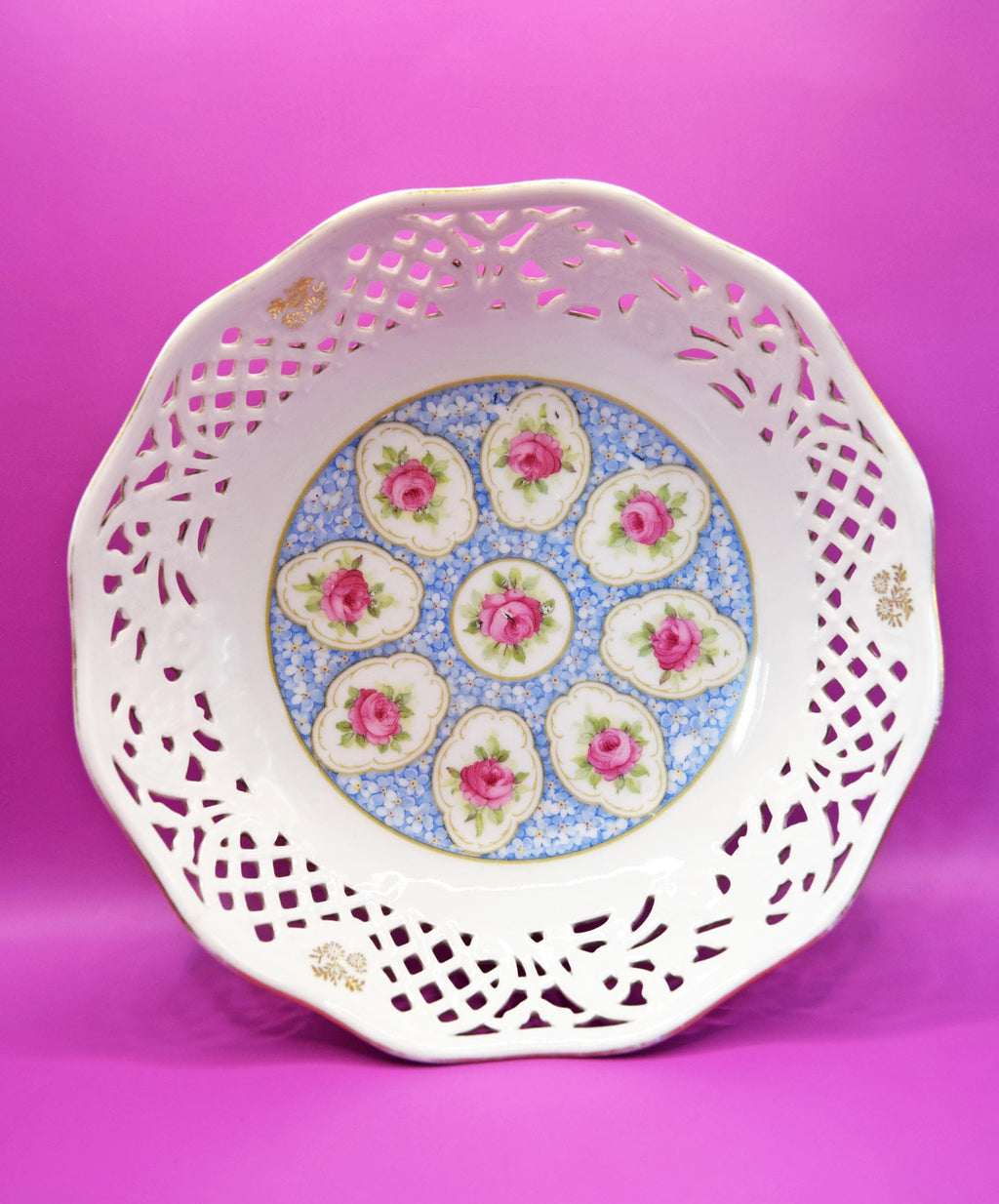 Antique Schumann Bavaria Reticulated Porcelain Fruit Bowl c1930s.....Rare Pattern