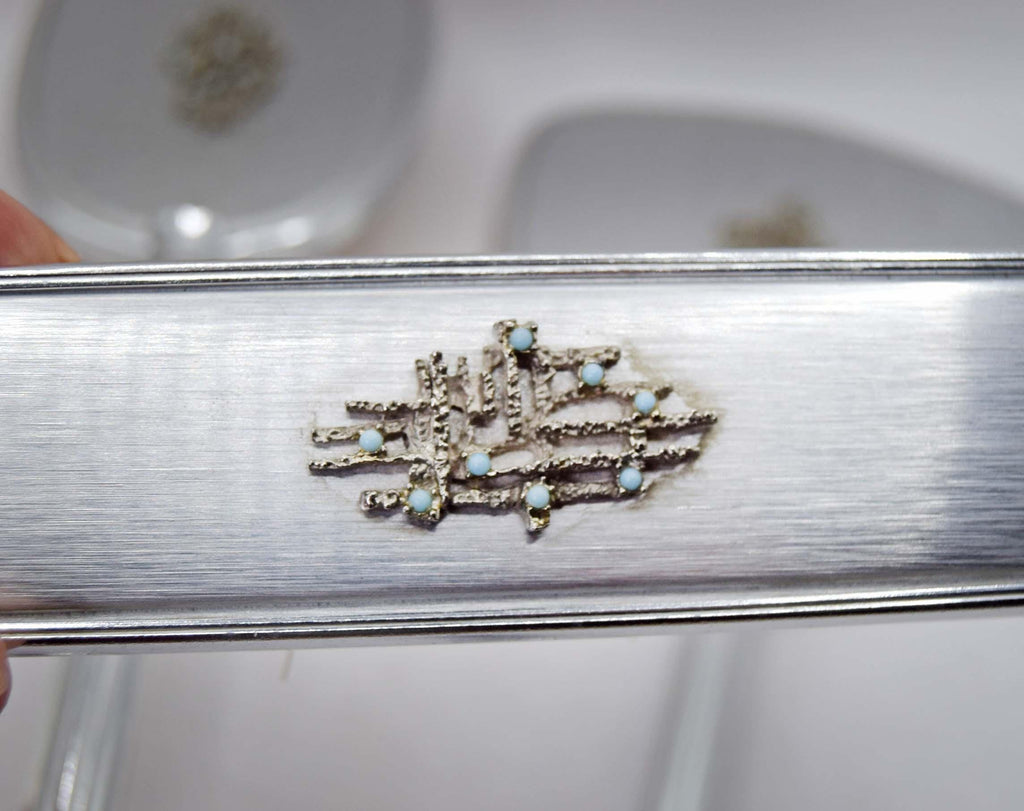 Vintage Silver Vanity Set Turquoise Beaded Mirror & Brushes