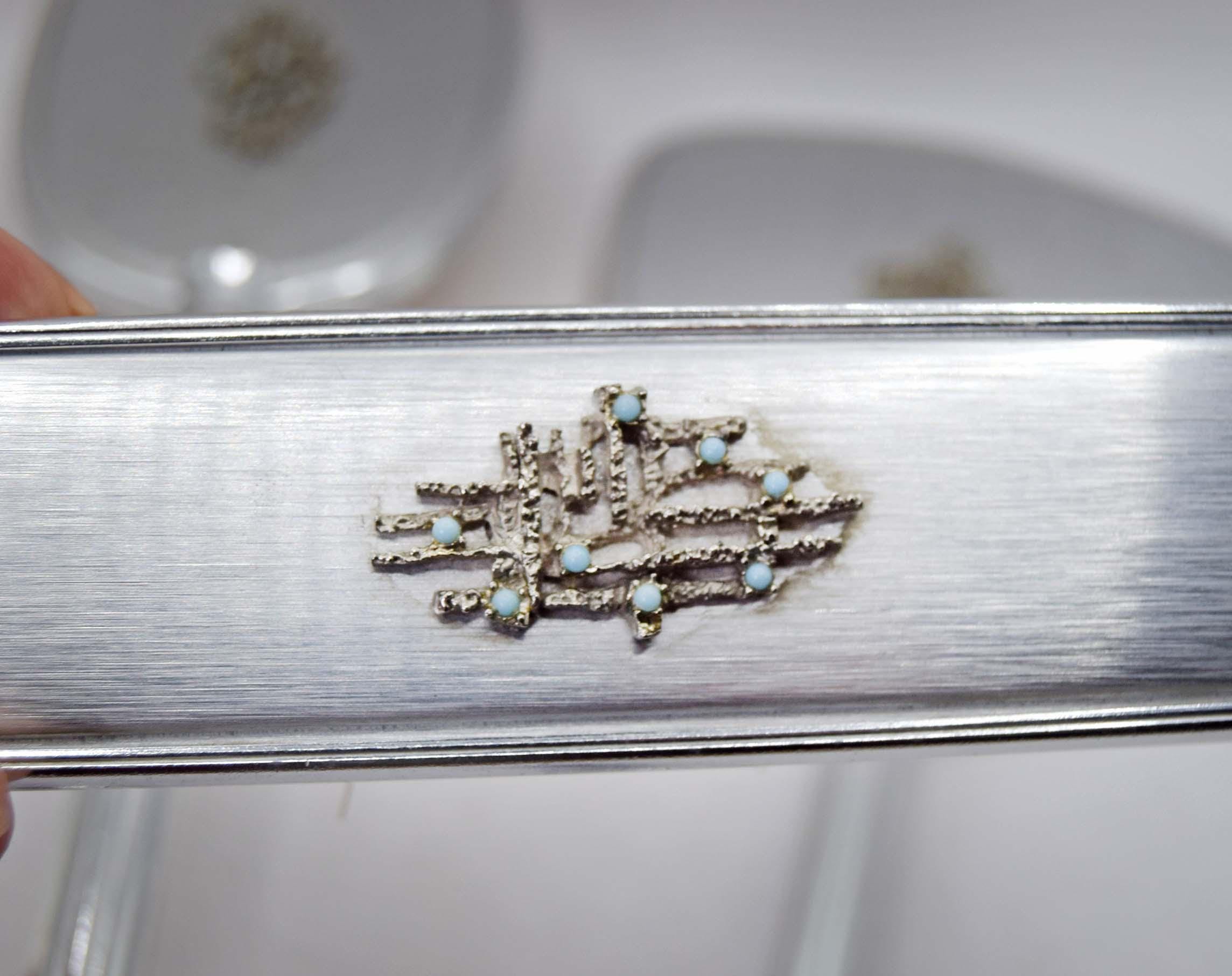 Vintage Silver Vanity Set Turquoise Beaded Mirror & Brushes