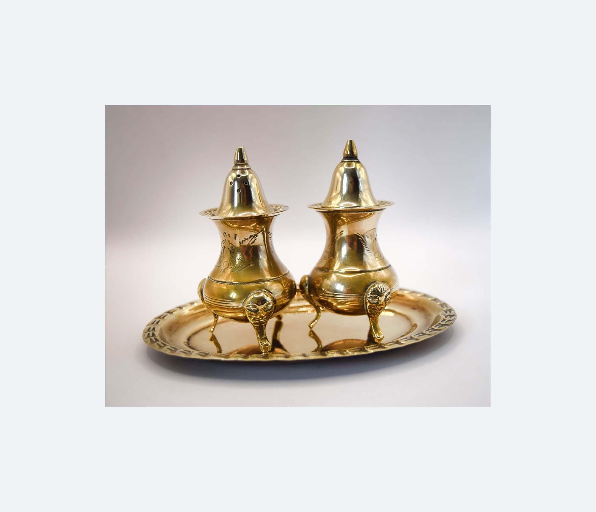 Vintage Brass Condiment Cruet Set with Tray in Original Presentation Box c1950s
