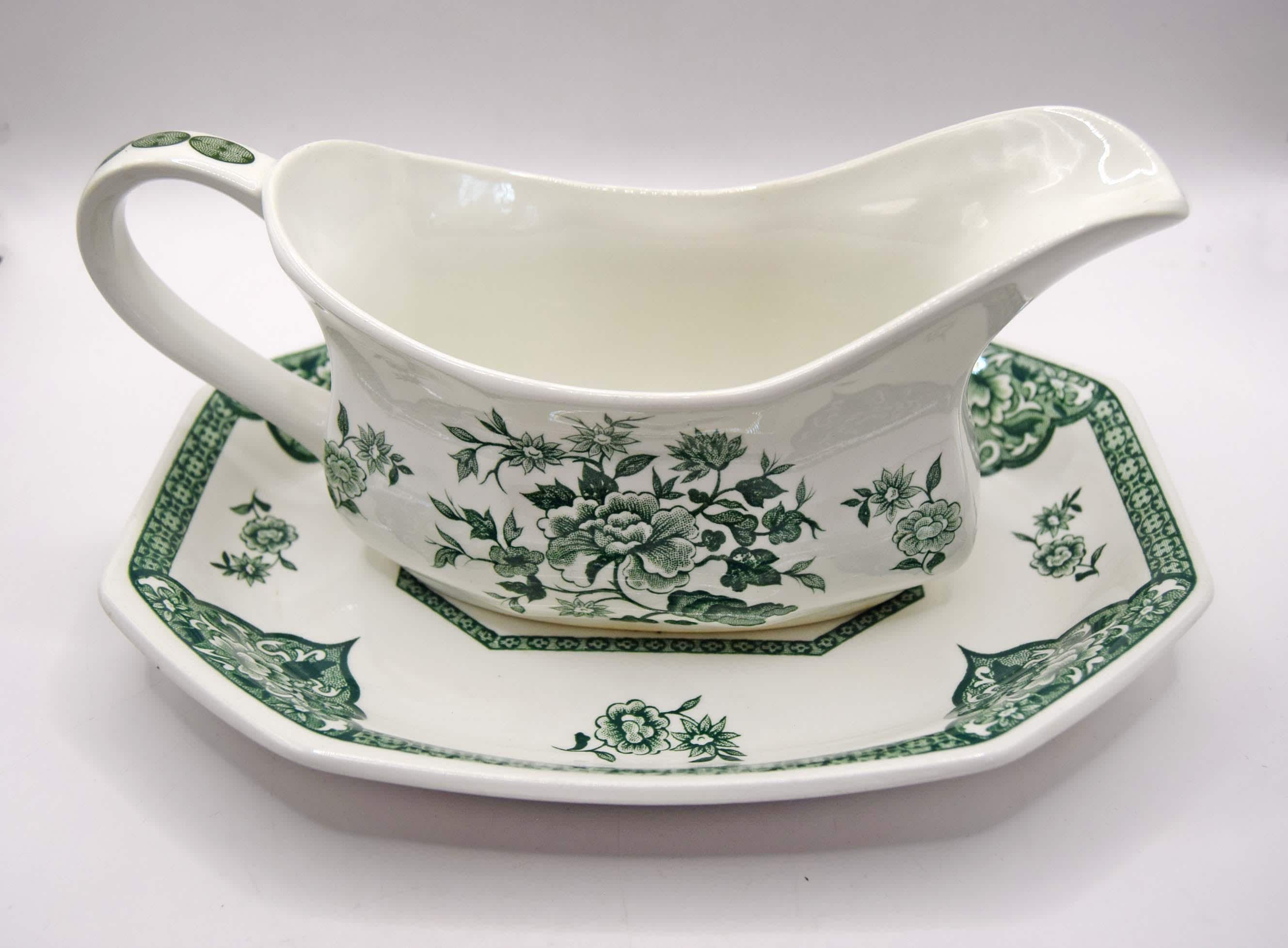 Vintage Royal Staffordshire Old Pekin Green Ironstone Gravy Boat with Saucer
