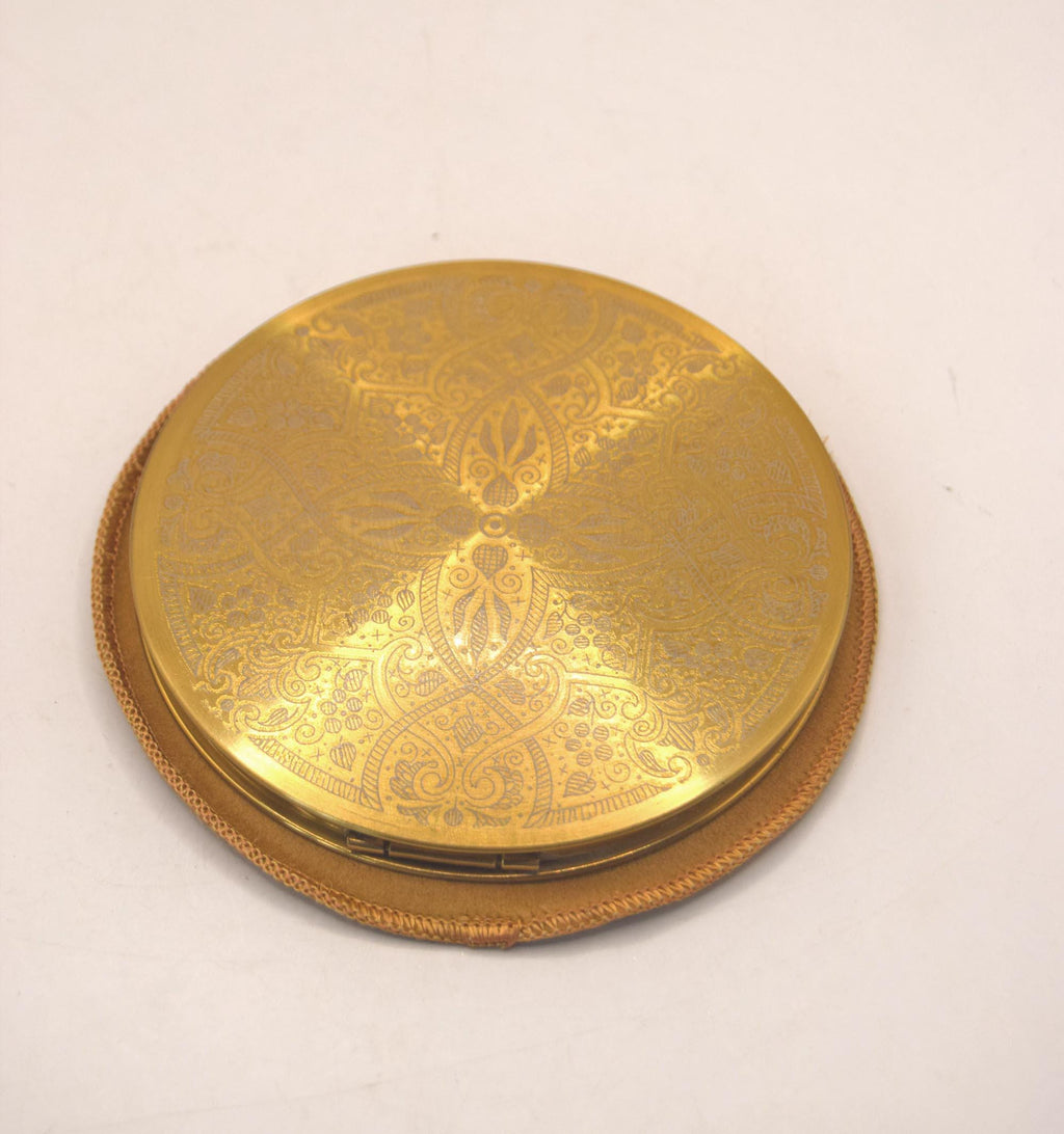 Vintage Le Rage Powder Compact & Pouch Gold Tone 1950