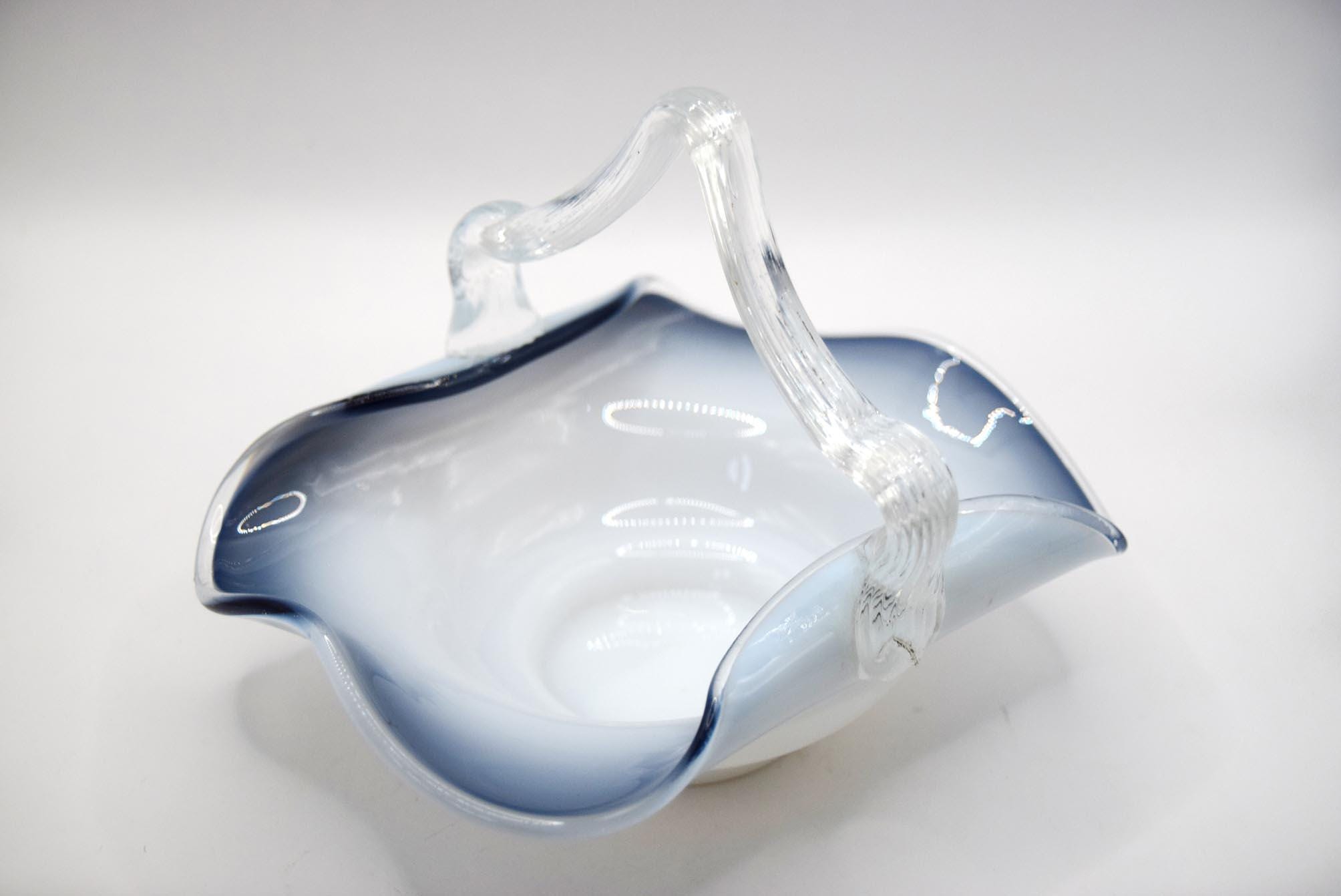 Czech Art Glass Vintage Smoked Blue Basket