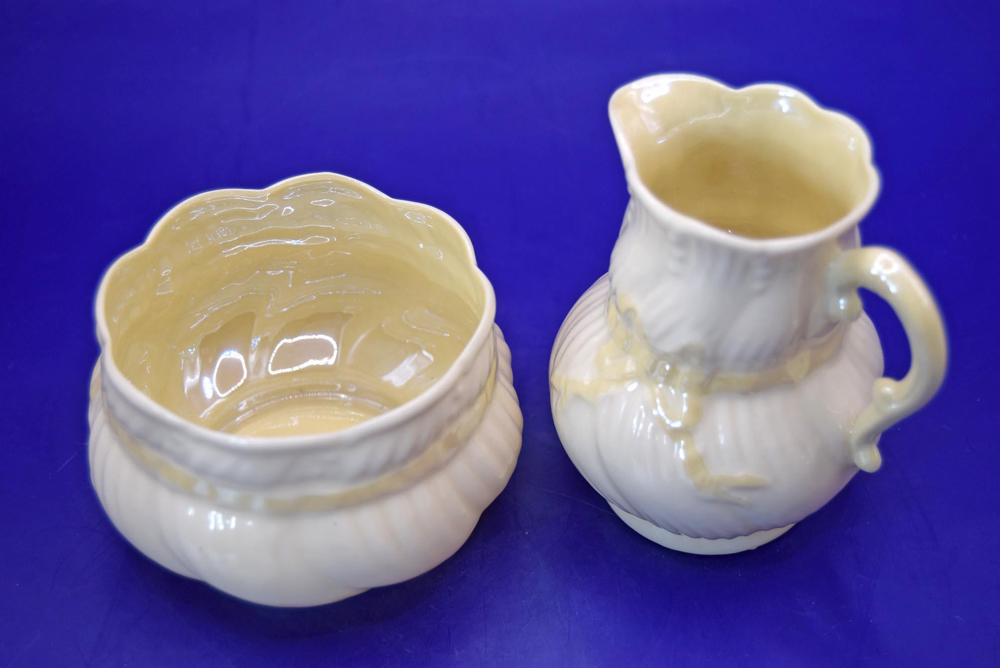 Belleek Ireland Porcelain Set of 3 Cream jugs and Sugar Bowls - c1940s Displayed only. No signs of use. 