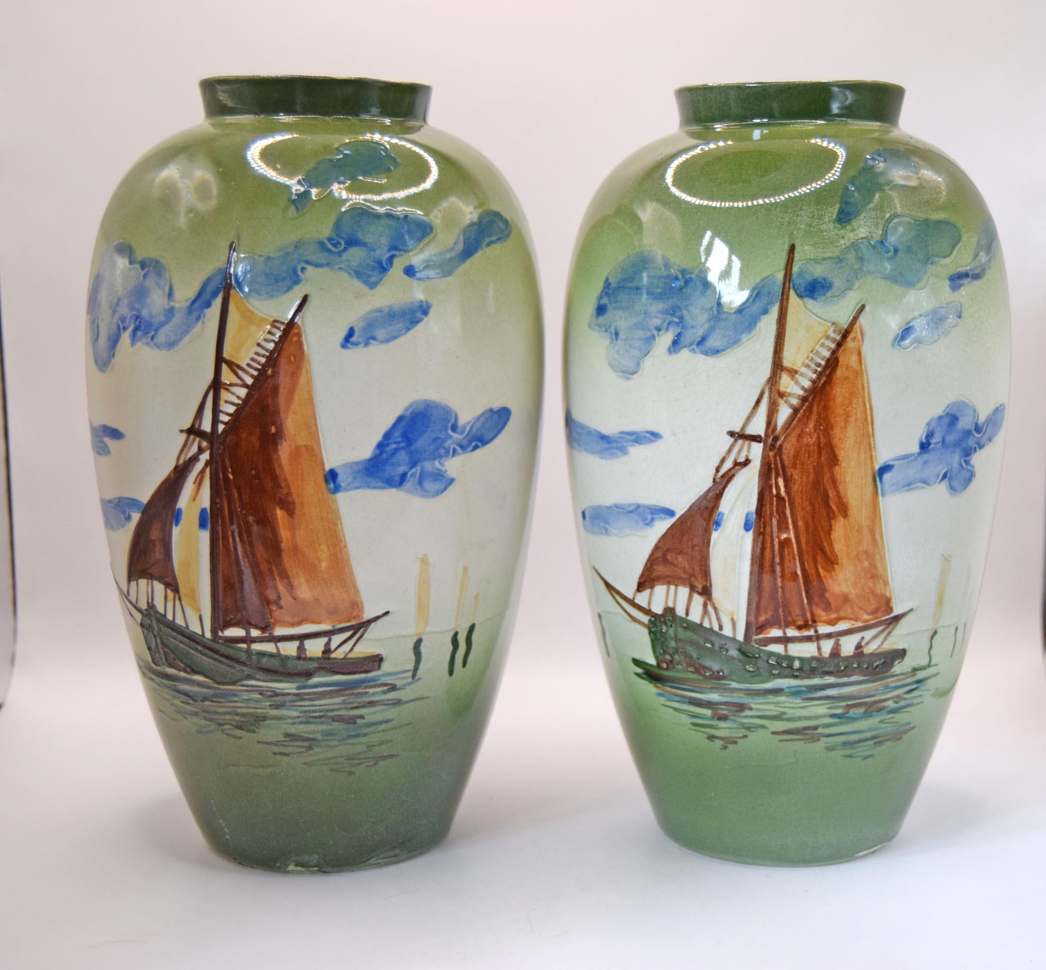 2 x Vintage Ceramic Vases with Hand Painted Boating Scenes | c1930s