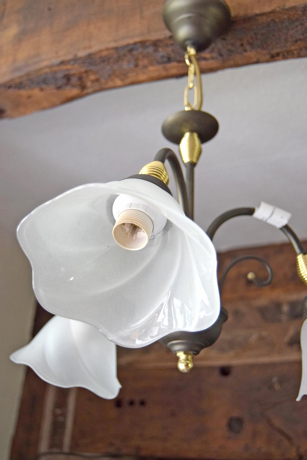 Vintage Tulip Chandelier: Frosted Glass & Brass Accent - Retro Light