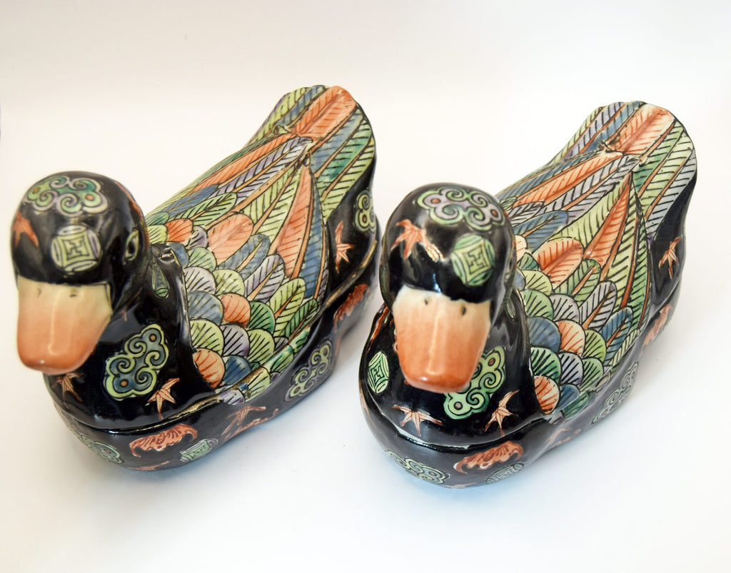 Pair Of Antique Handpainted Ceramic Duck Trinket Boxes