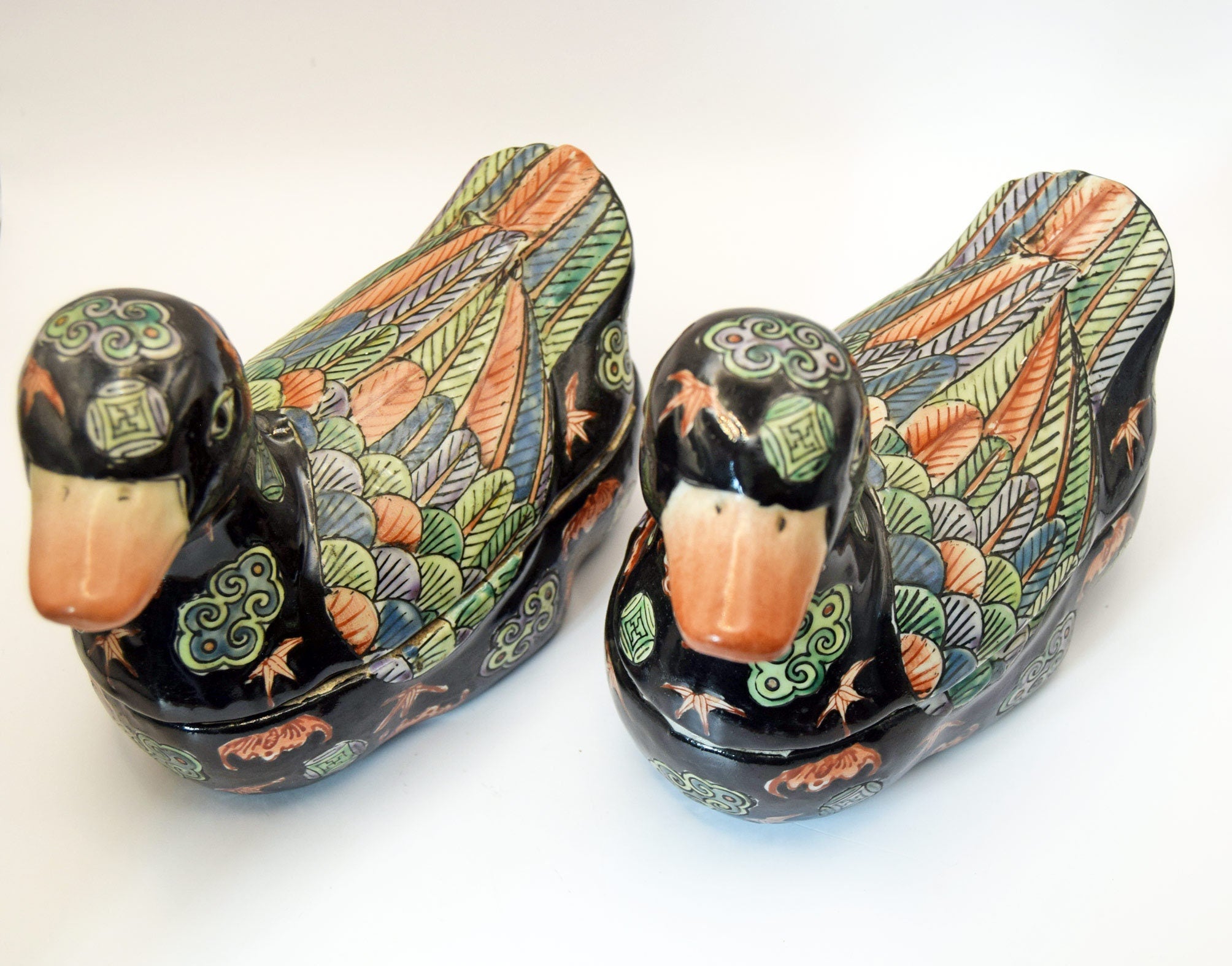 Pair Of Antique Handpainted Ceramic Duck Trinket Boxes