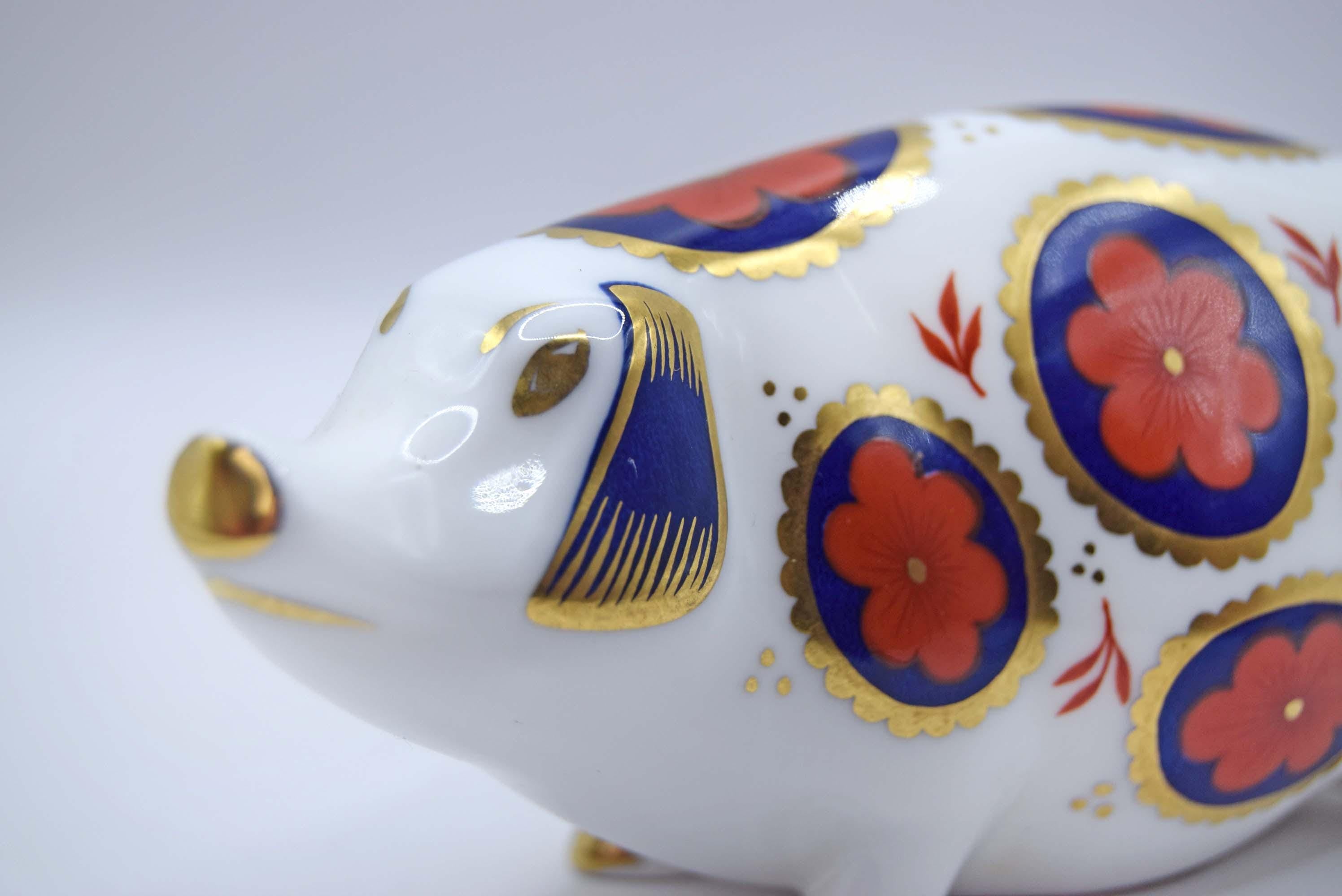 Royal Crown Derby Pig Paperweight, Vintage English Bone China, Old Imari, Mint