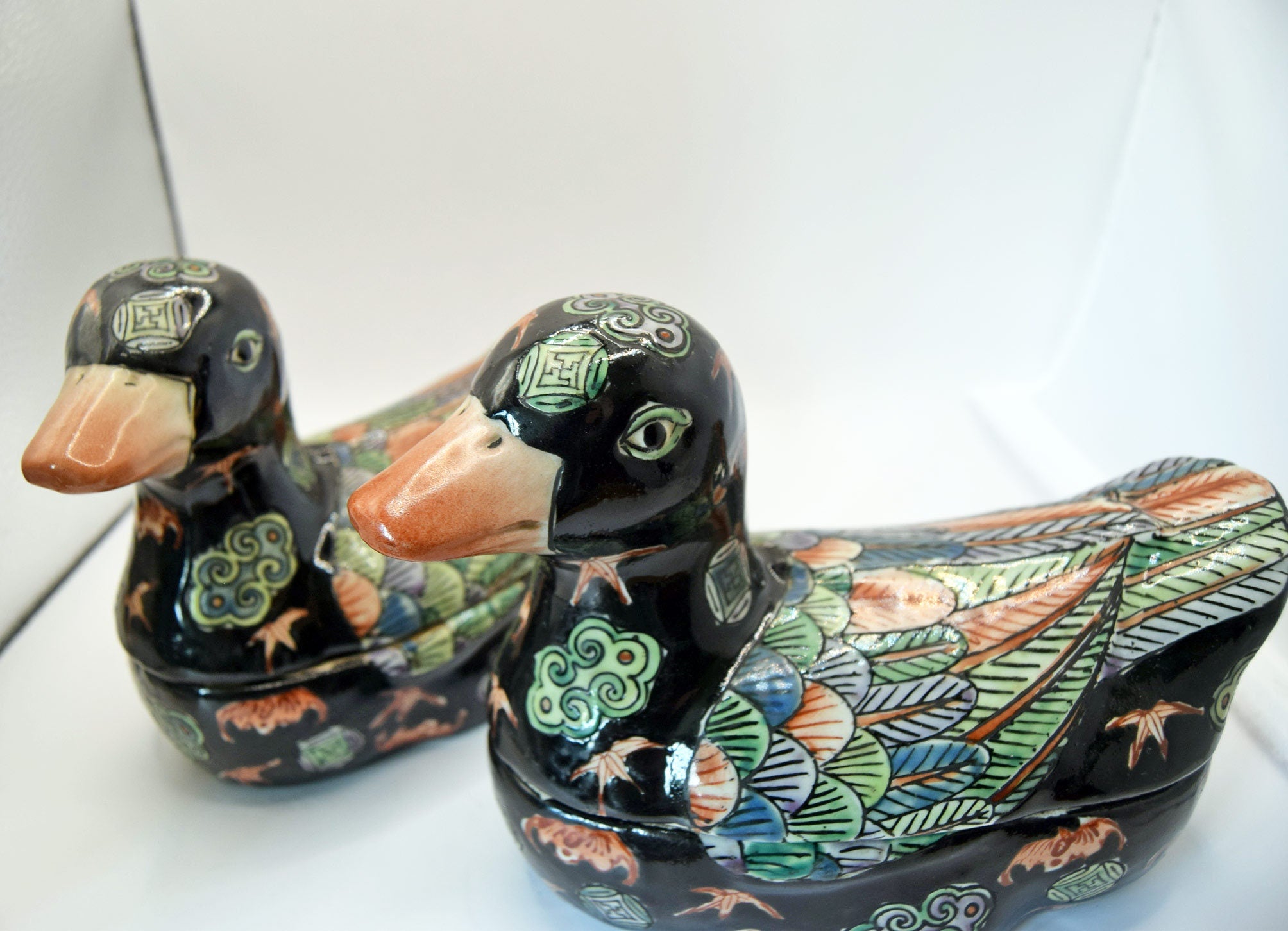 Pair Of Antique Handpainted Ceramic Duck Trinket Boxes