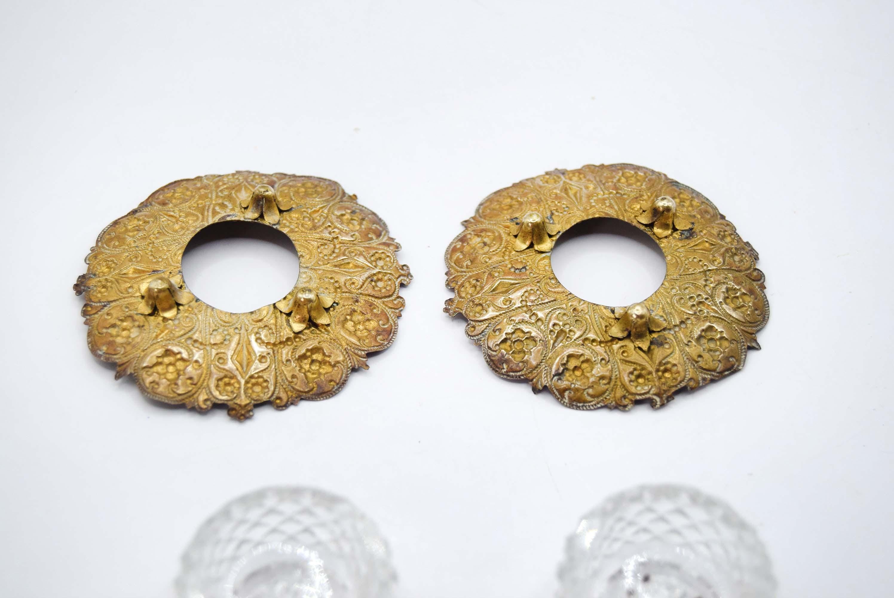 Antique French Salt Cellars â€“ Stamped Metal, Hand-Painted Enamel, Diamond Glass Liners c1880s