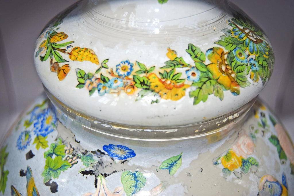 Large Antique Reverse Decalcomania Glass Vase Jar With Lid - Mid 19th Century - RARE FIND