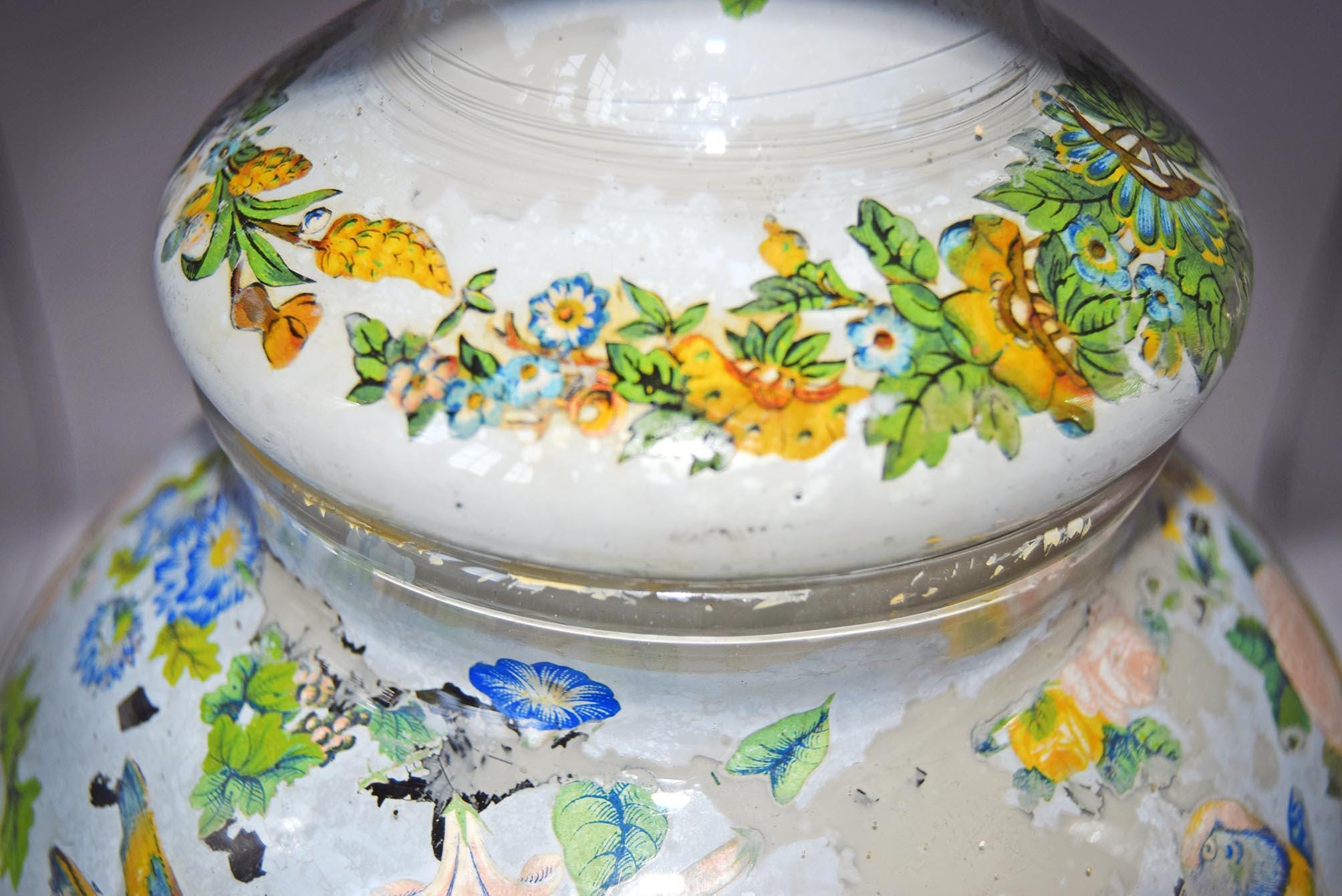 Large Antique Reverse Decalcomania Glass Vase Jar With Lid - Mid 19th Century - RARE FIND