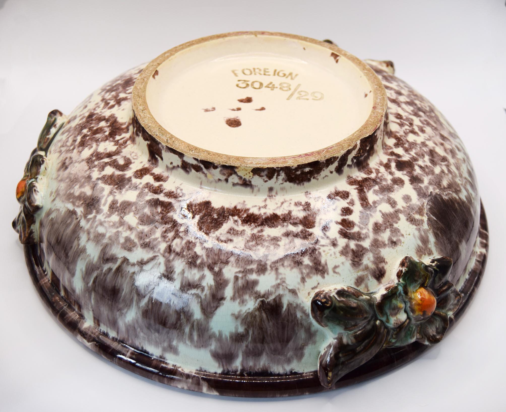 JASBA Keramik German Pottery Fruit Bowl - Brown & Aqua Drip Glaze with Applied Flowers c1950s