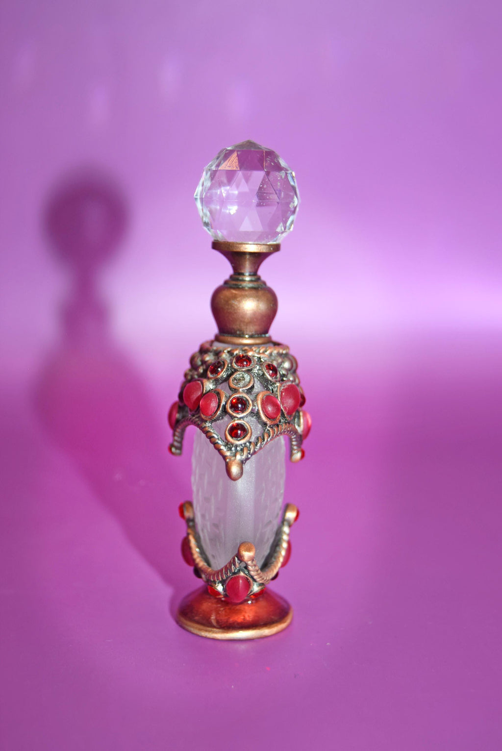 Vintage Perfume Bottle: 1940s Rhinestone Bronze Basket, Crystal Finial