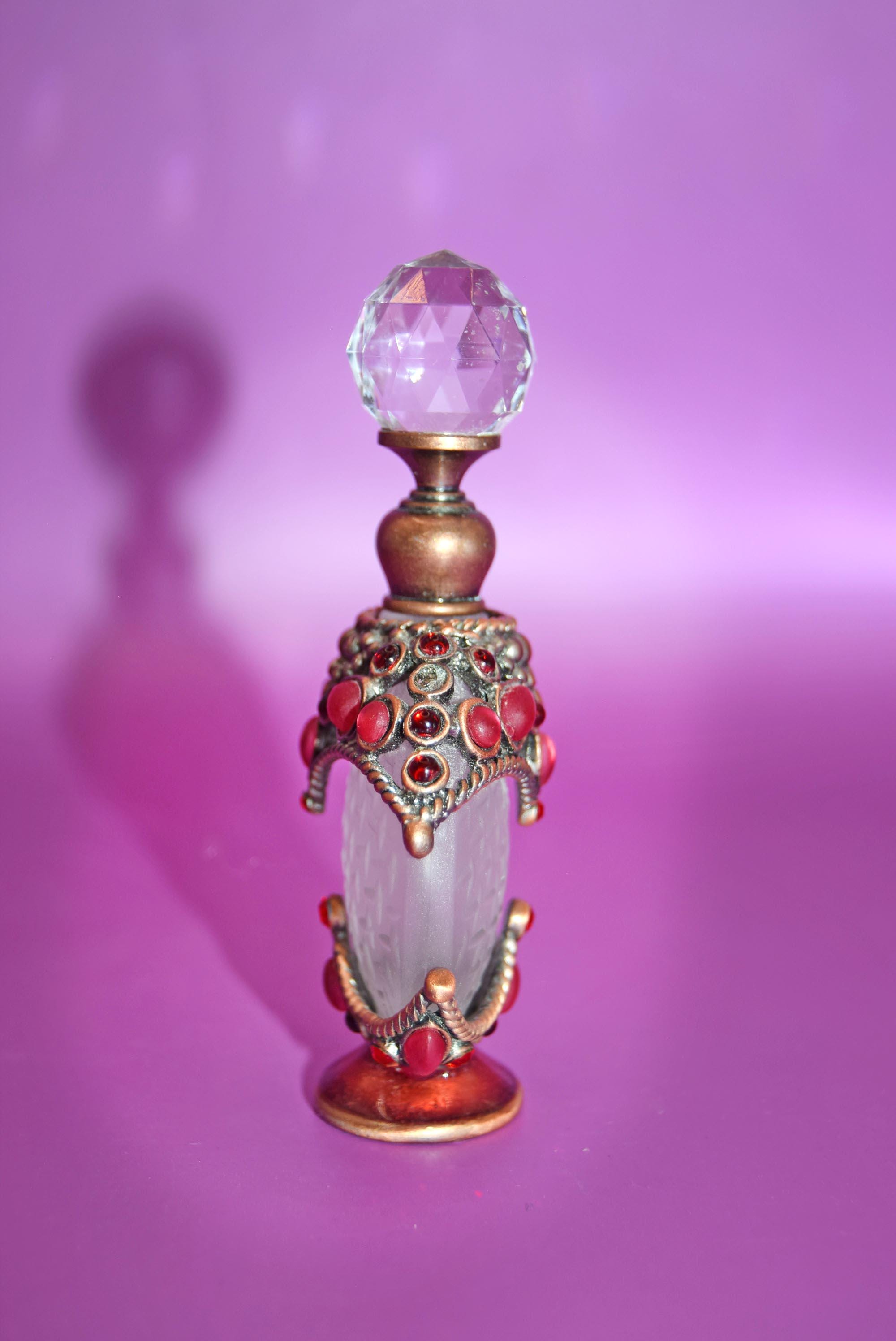 Vintage Perfume Bottle: 1940s Rhinestone Bronze Basket, Crystal Finial