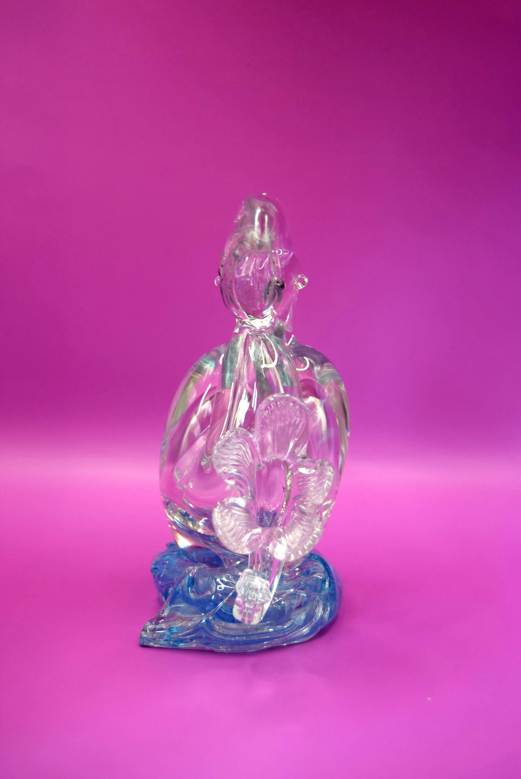 Vintage Italian Clear Glass Toucan and flower on blue rock  c1980s