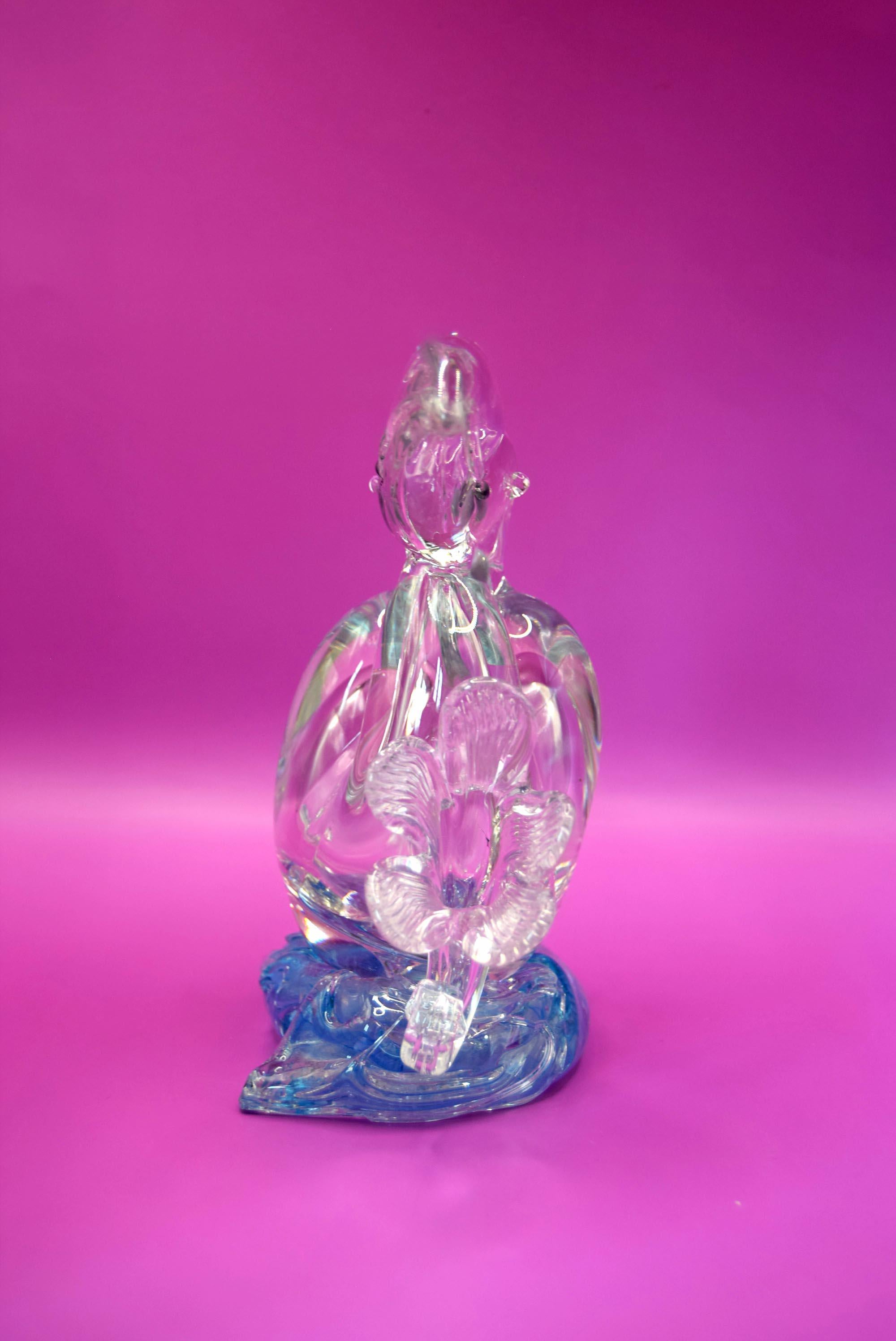 Vintage Italian Clear Glass Toucan and flower on blue rock  c1980s