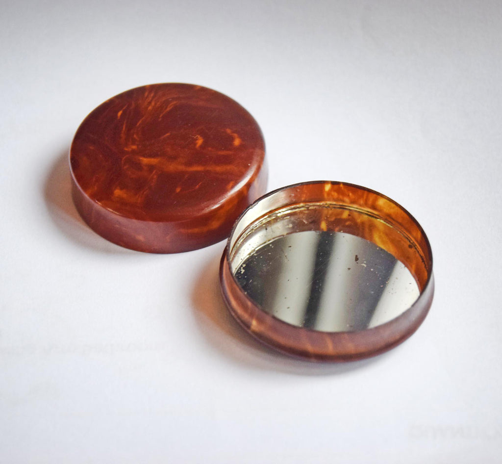 Antique Lignum Vitae Snuff Box & Art Deco Bakelite Compact Mirror Box