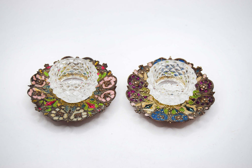 Antique French Salt Cellars â€“ Stamped Metal, Hand-Painted Enamel, Diamond Glass Liners c1880s