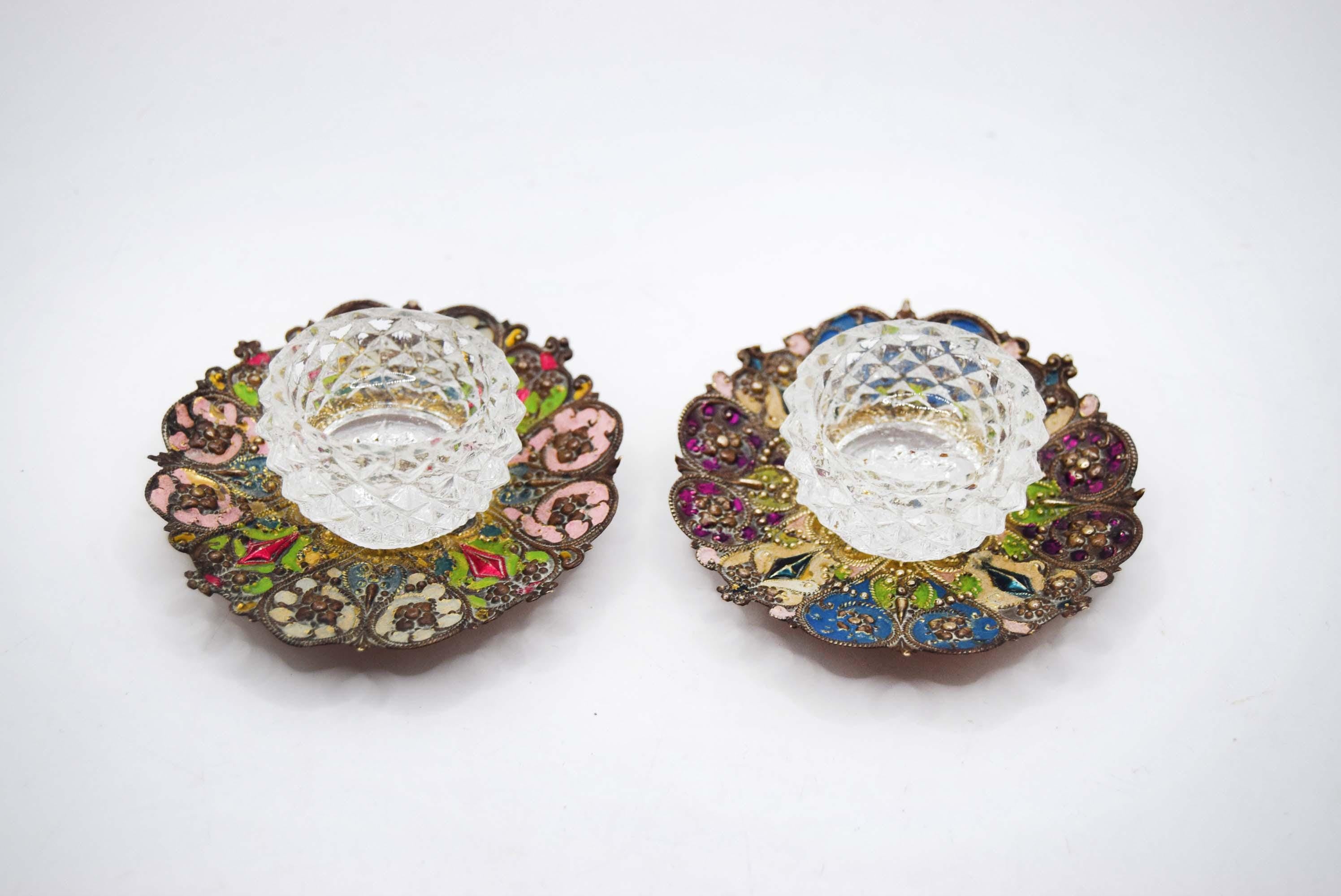 Antique French Salt Cellars â€“ Stamped Metal, Hand-Painted Enamel, Diamond Glass Liners c1880s