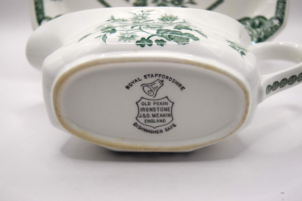Vintage Royal Staffordshire Old Pekin Green Ironstone Gravy Boat with Saucer