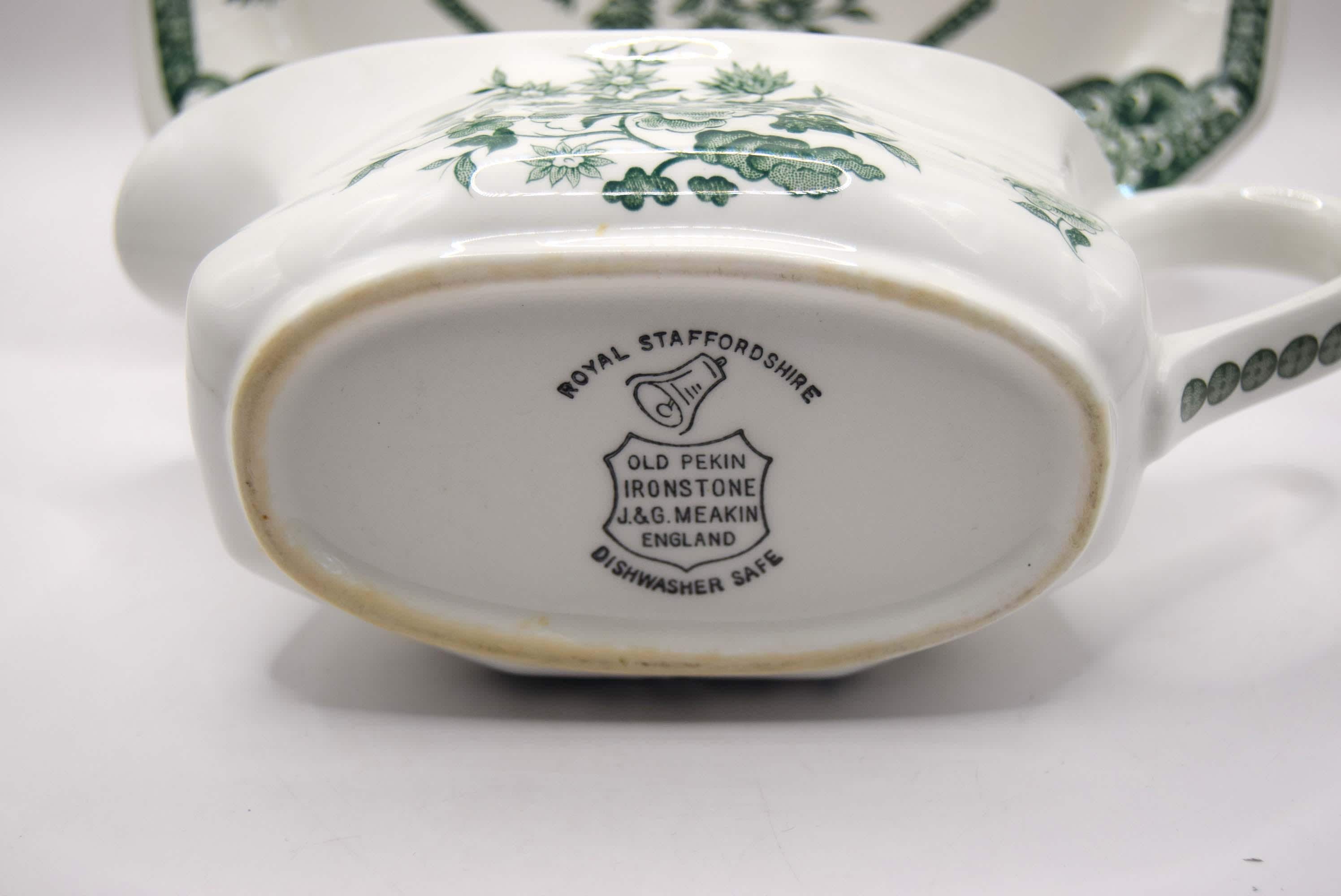 Vintage Royal Staffordshire Old Pekin Green Ironstone Gravy Boat with Saucer