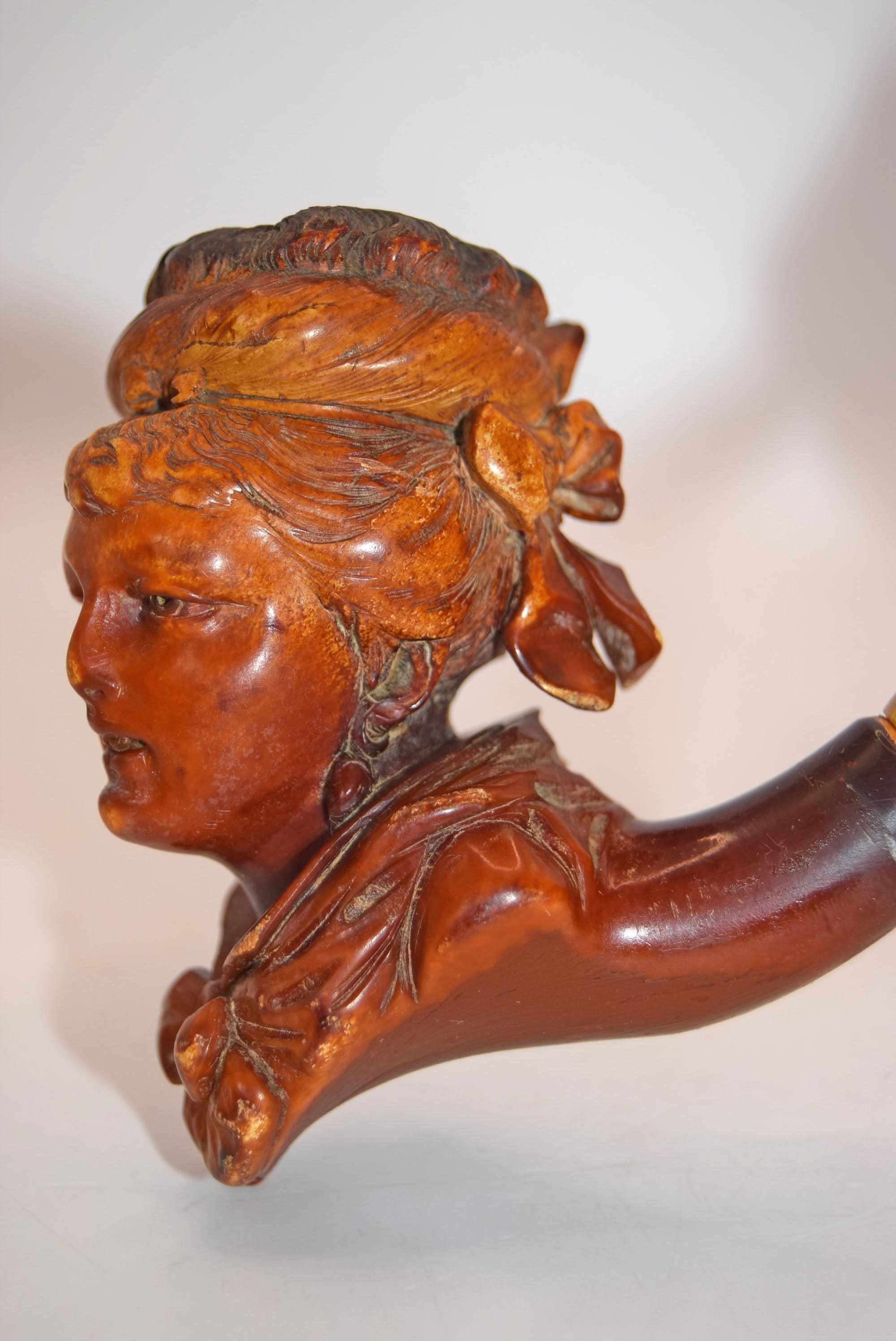Victorian Carved Meerschaum Lady's Head Pipe Amber Bakelite Stem