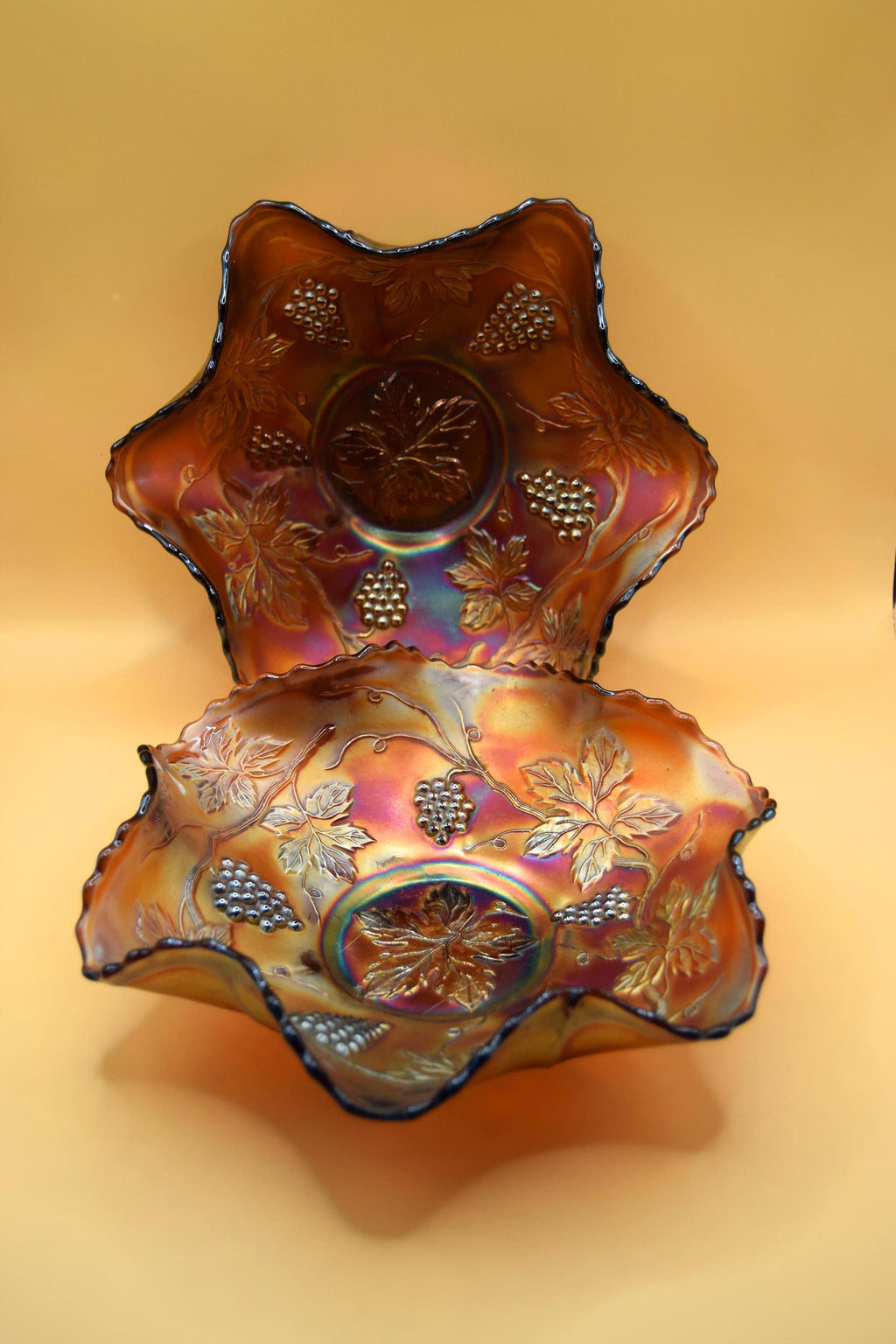 Pair of Fenton Grape Carnival Glass Fruit/Sweet Bowl Ruffled Iridescent c1930s