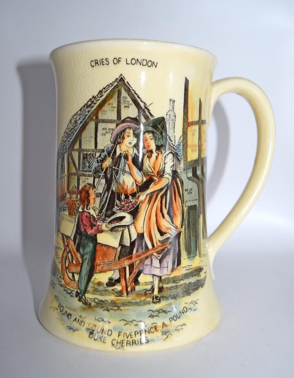 Ceramic mug with illustrations and text on a white background