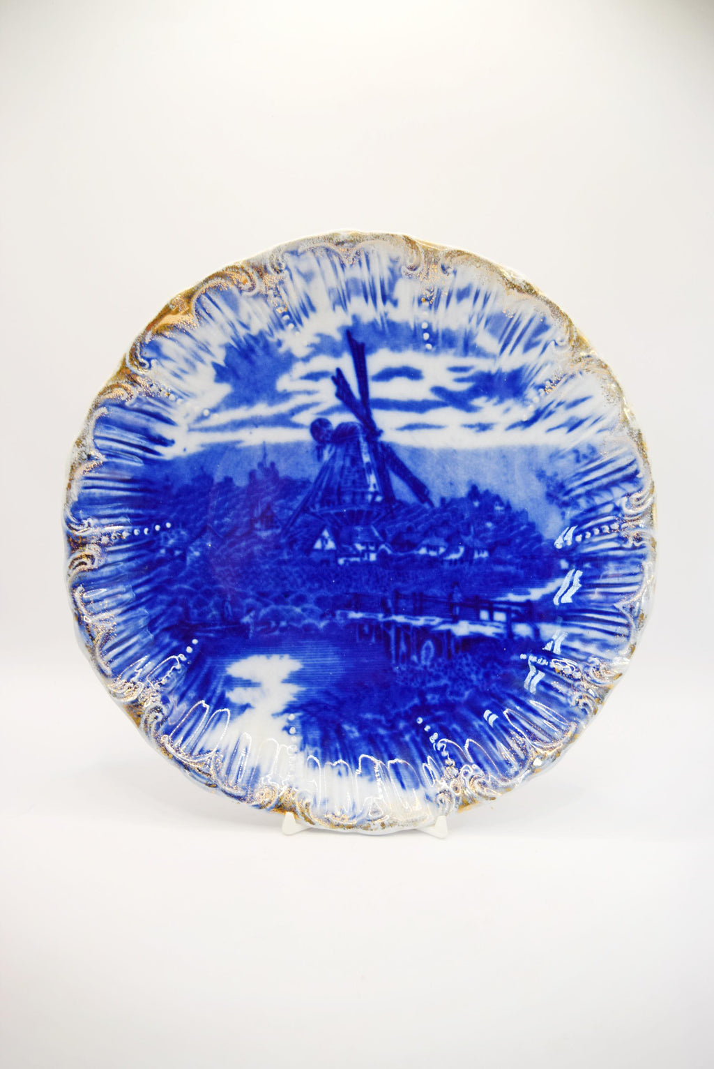 Antique Windmill Plate - Victorian English Transferware Dish - Flow Blue design
