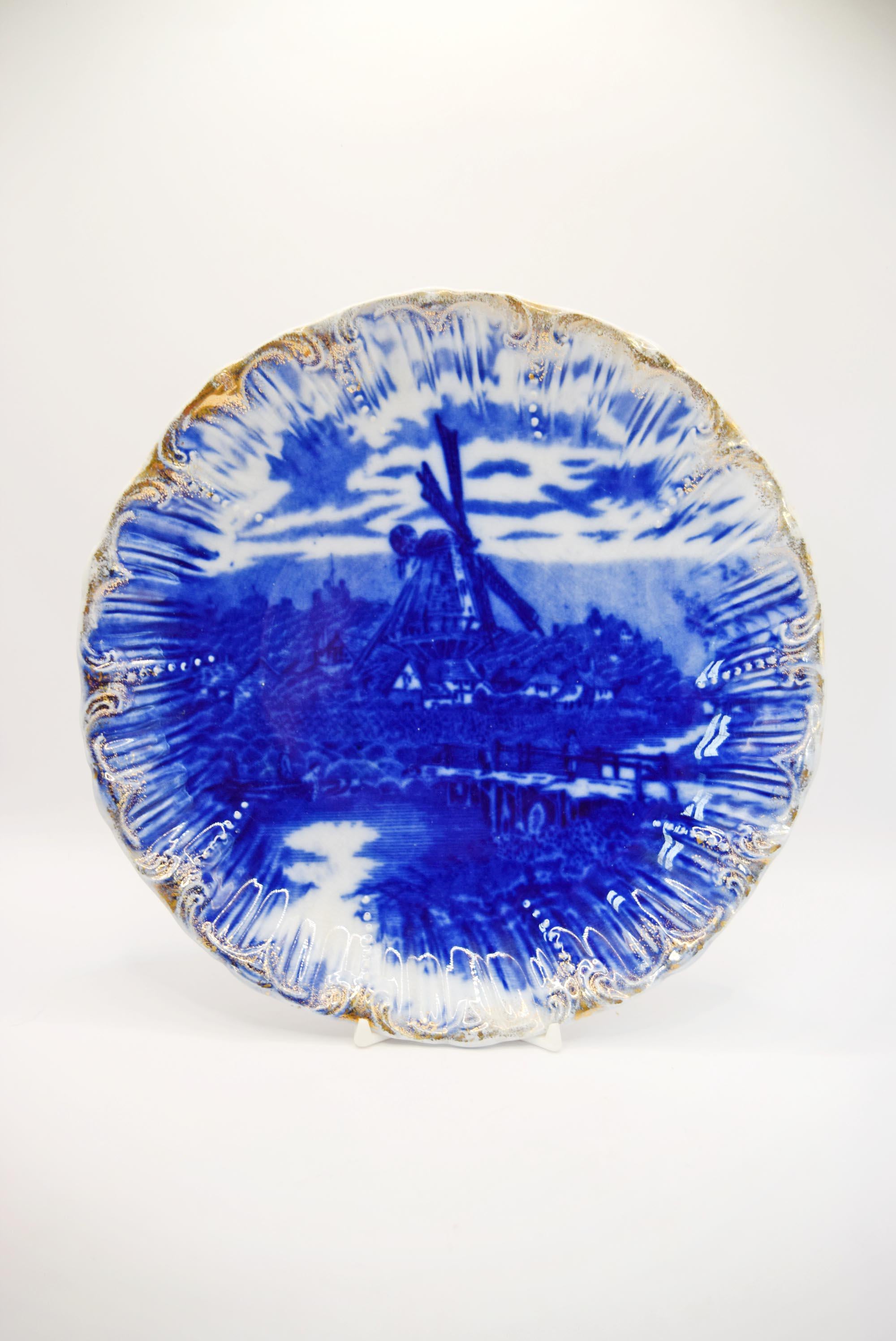 Antique Windmill Plate - Victorian English Transferware Dish - Flow Blue design