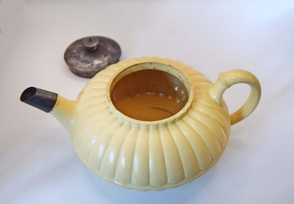 Rare Antique Wedgwood Caneware Teapot - Early 1800s Lotus Form with 19th Century Inventive Metal Repair  